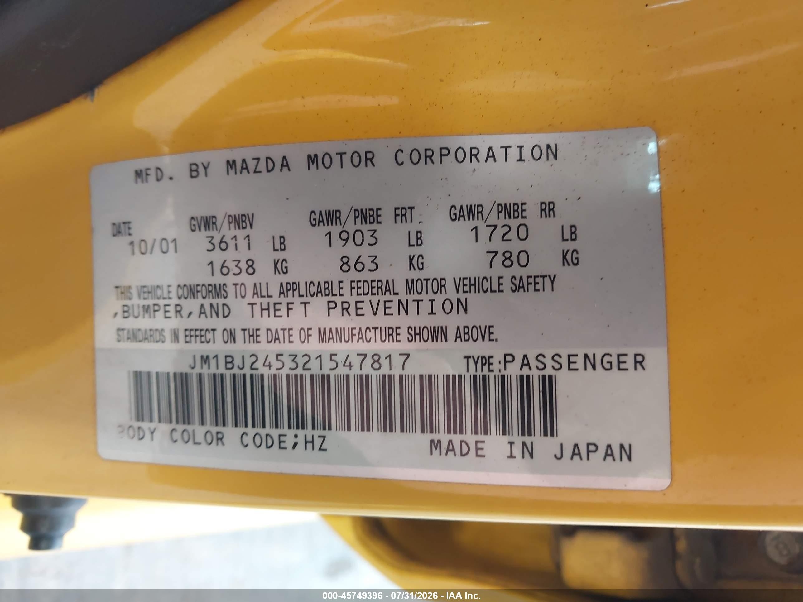 2002 Mazda Protege5   Yellow vin: JM1BJ245321547817