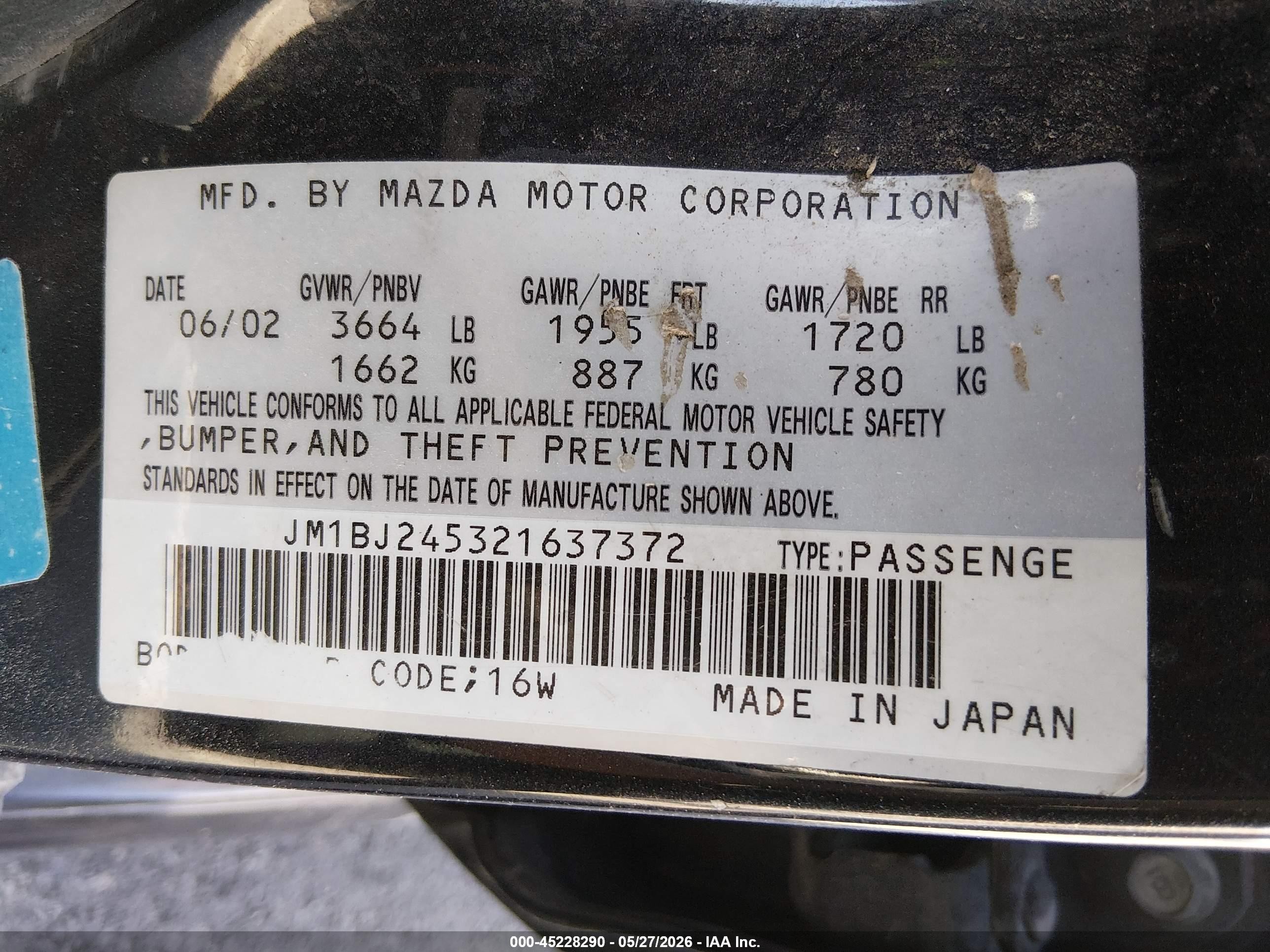 2002 Mazda Protege5   Black vin: JM1BJ245321637372