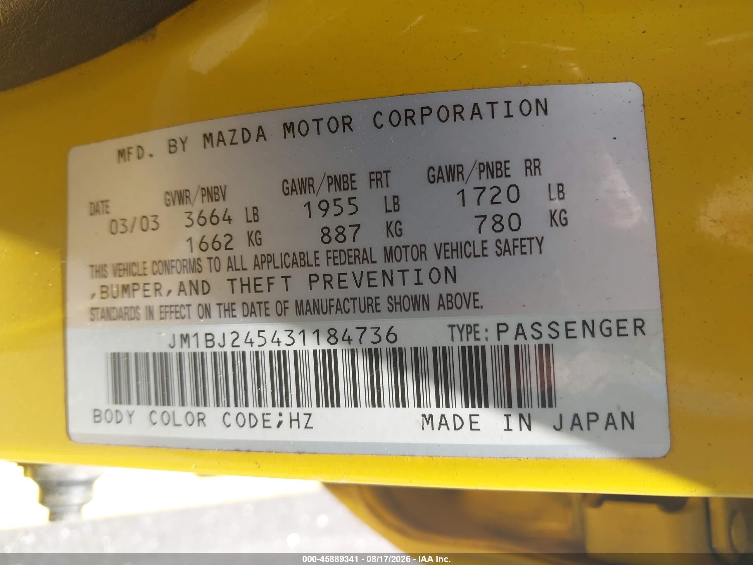 2003 Mazda Protege5   Yellow vin: JM1BJ245431184736