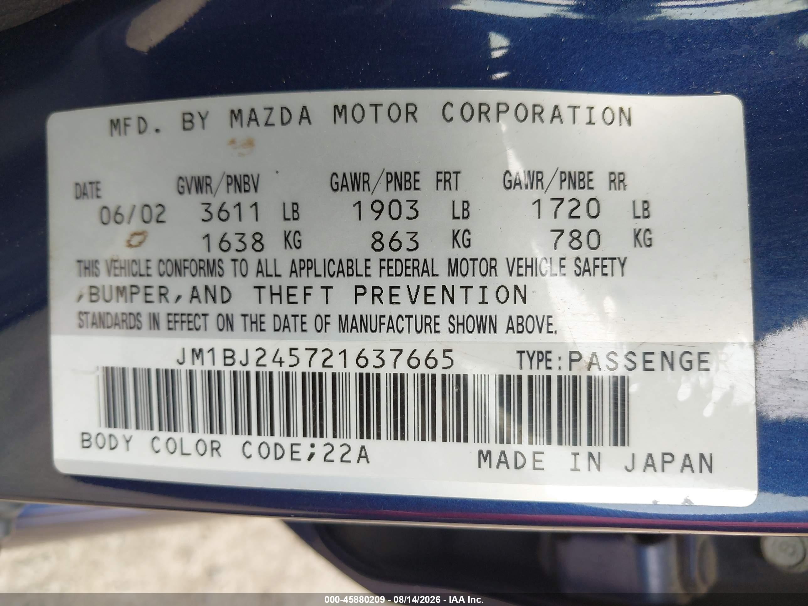 2002 Mazda Protege5   Blue vin: JM1BJ245721637665
