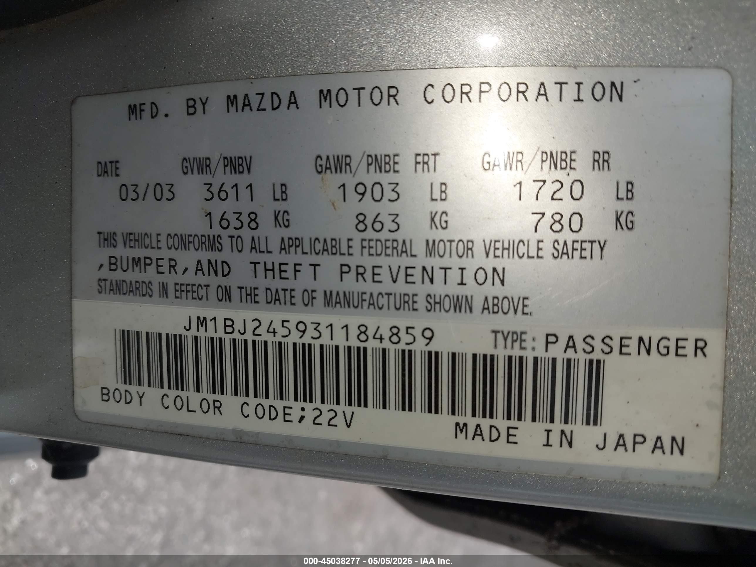 2003 Mazda Protege5   Silver vin: JM1BJ245931184859
