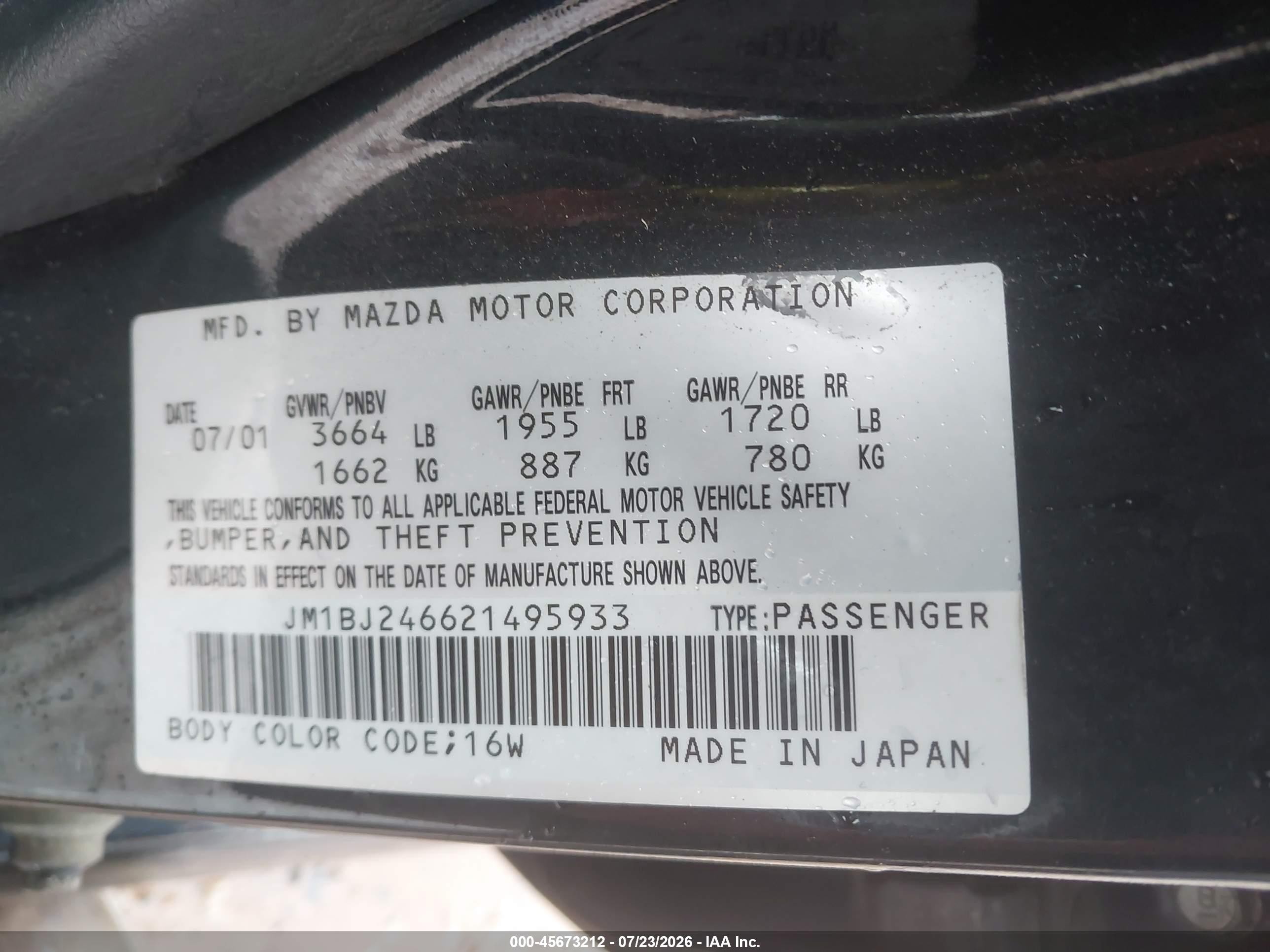 2002 Mazda Protege5   Black vin: JM1BJ246621495933