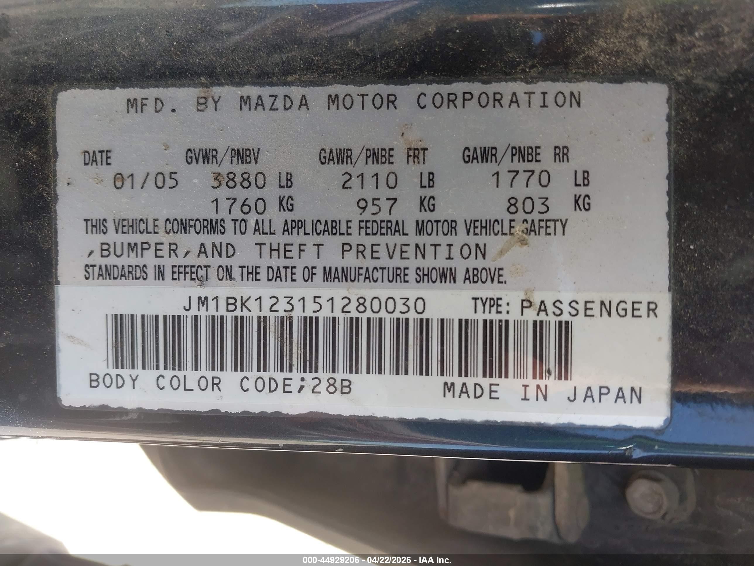 2005 Mazda Mazda3 Sp23 Black vin: JM1BK123151280030
