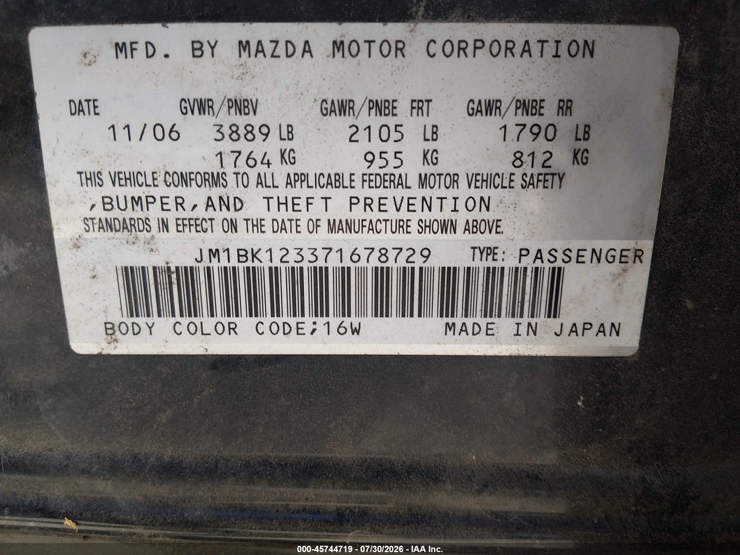 2007 Mazda Mazda3 S Sport Black vin: JM1BK123371678729