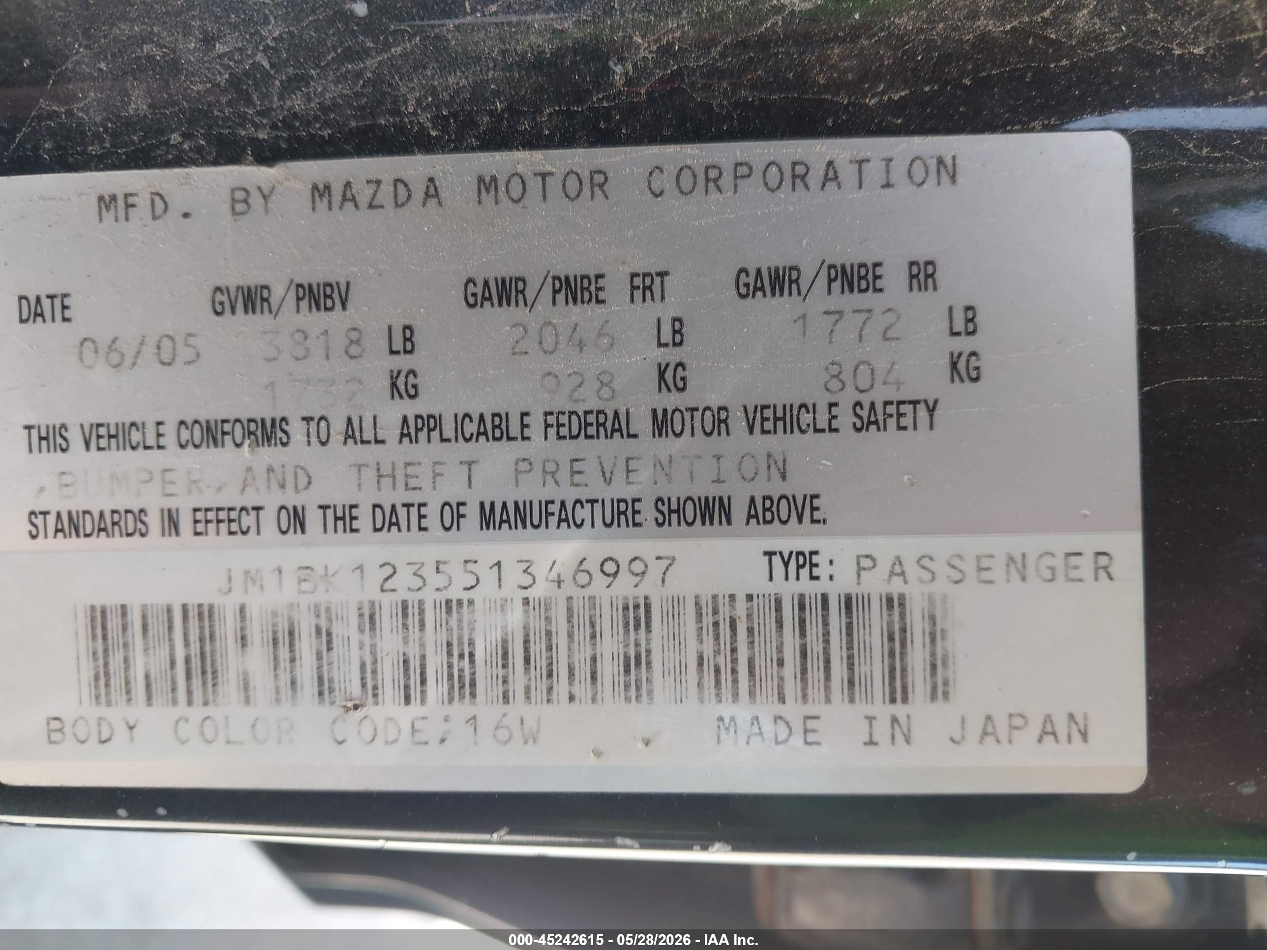 2005 Mazda Mazda3 S Black vin: JM1BK123551346997