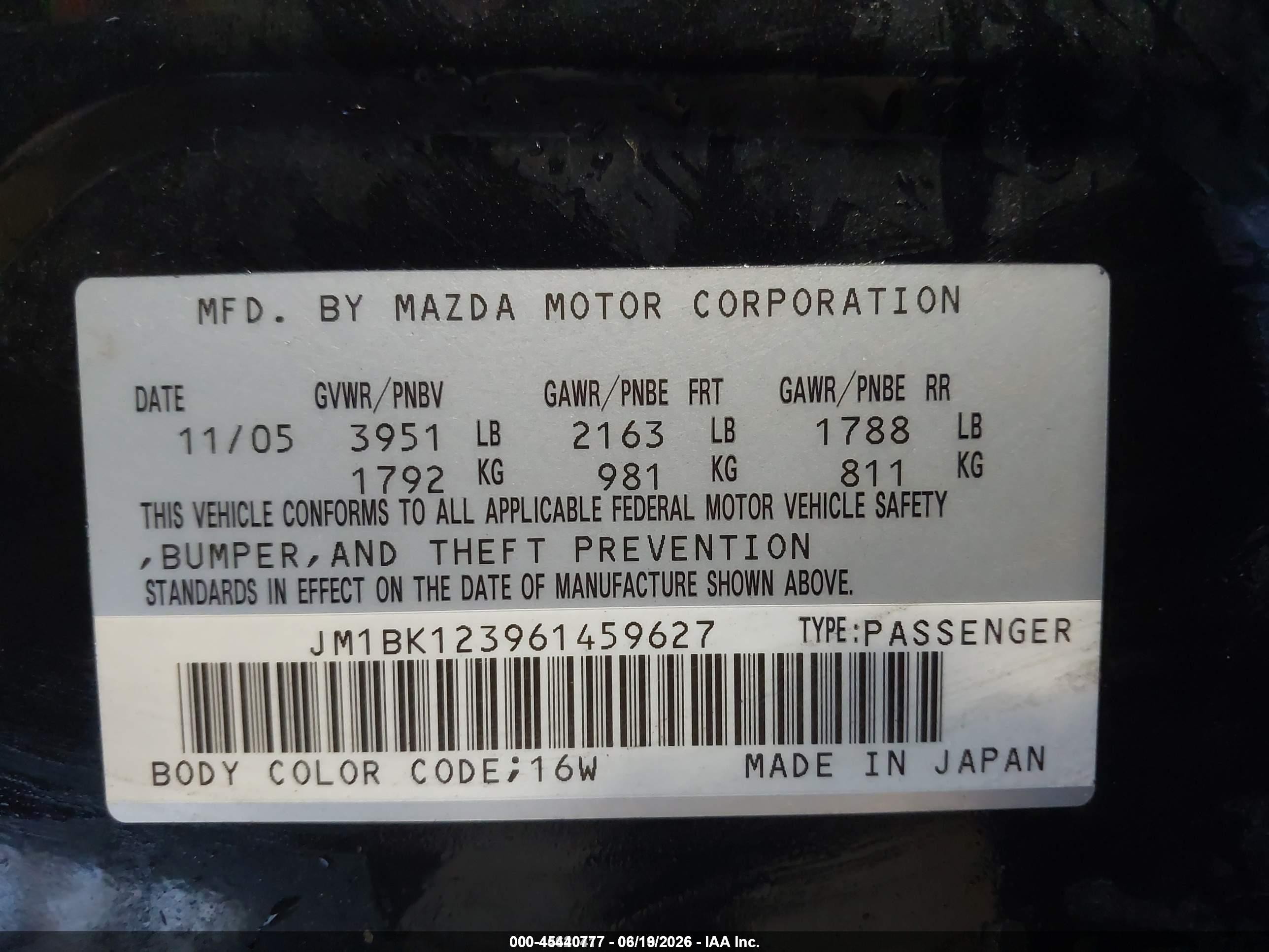 2006 Mazda Mazda3 S Black vin: JM1BK123961459627