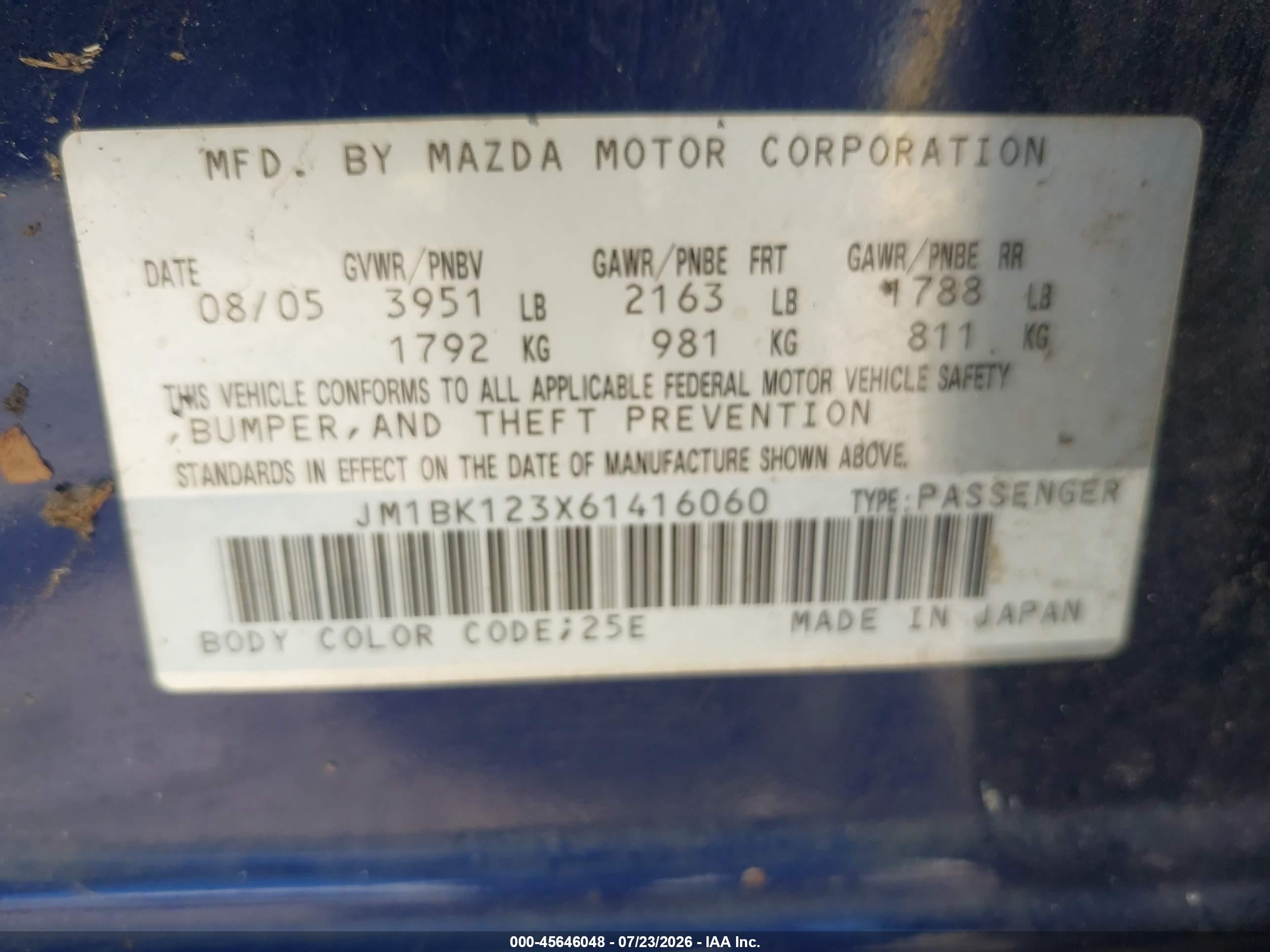 2006 Mazda Mazda3 S Blue vin: JM1BK123X61416060