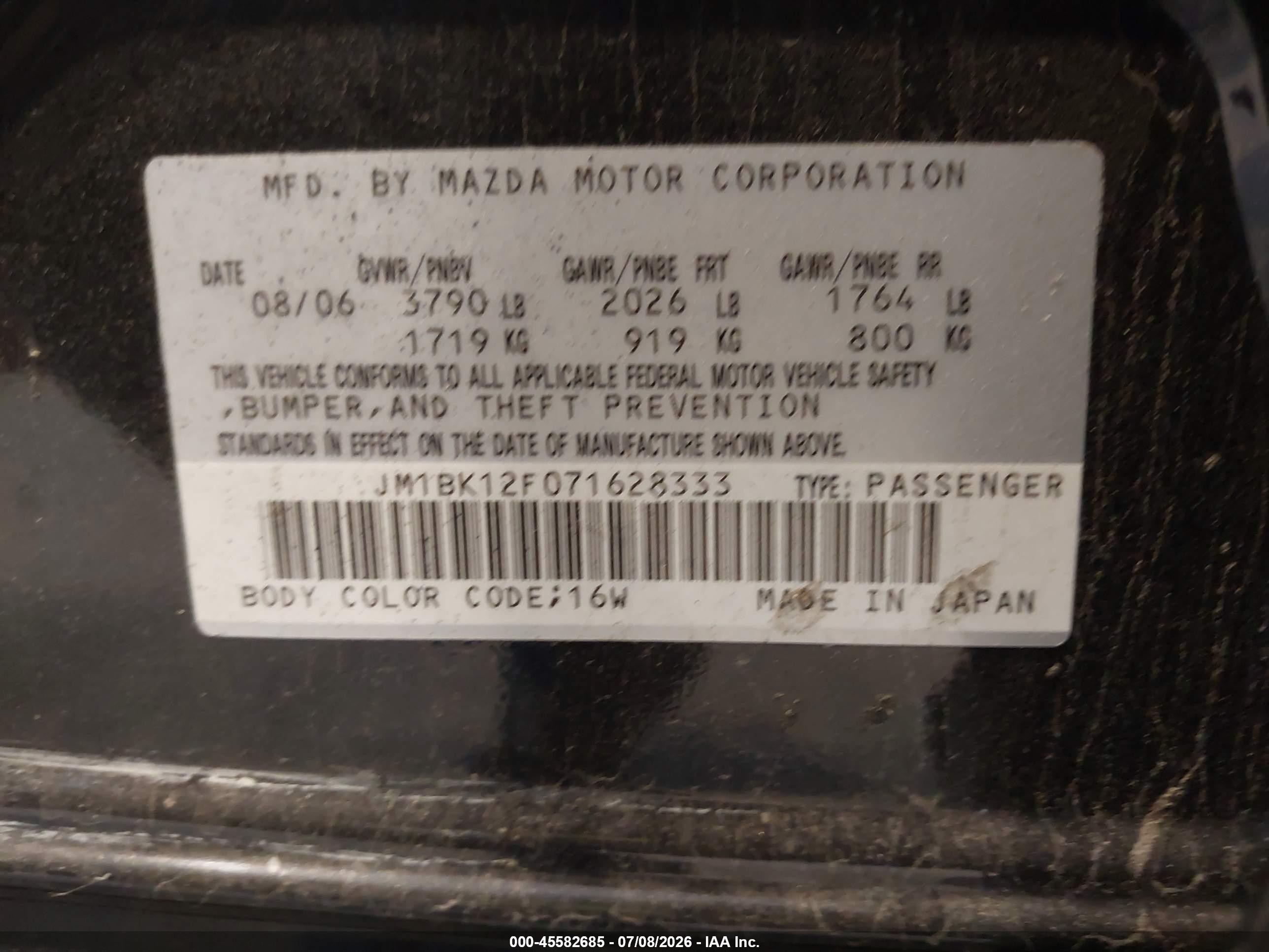 2007 Mazda Mazda3 I Sport Черный vin: JM1BK12F071628333