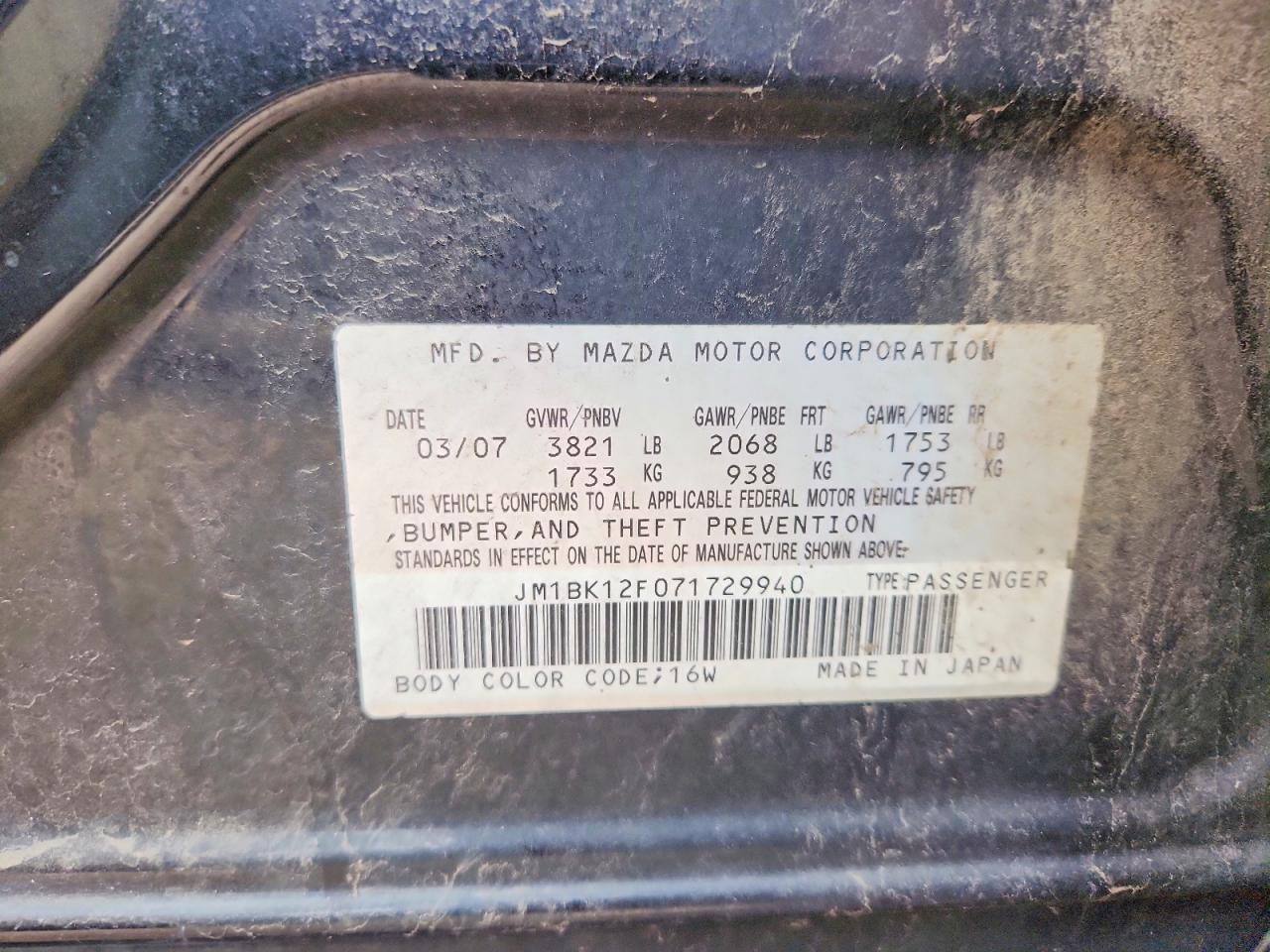2007 Mazda 3 I Black vin: JM1BK12F071729940