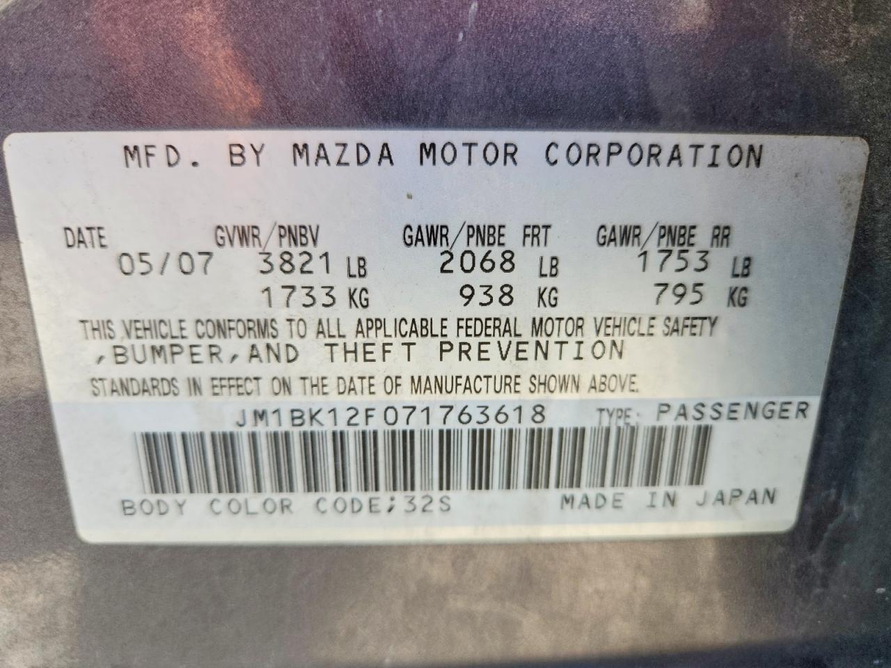 2007 Mazda 3 I Gray vin: JM1BK12F071763618