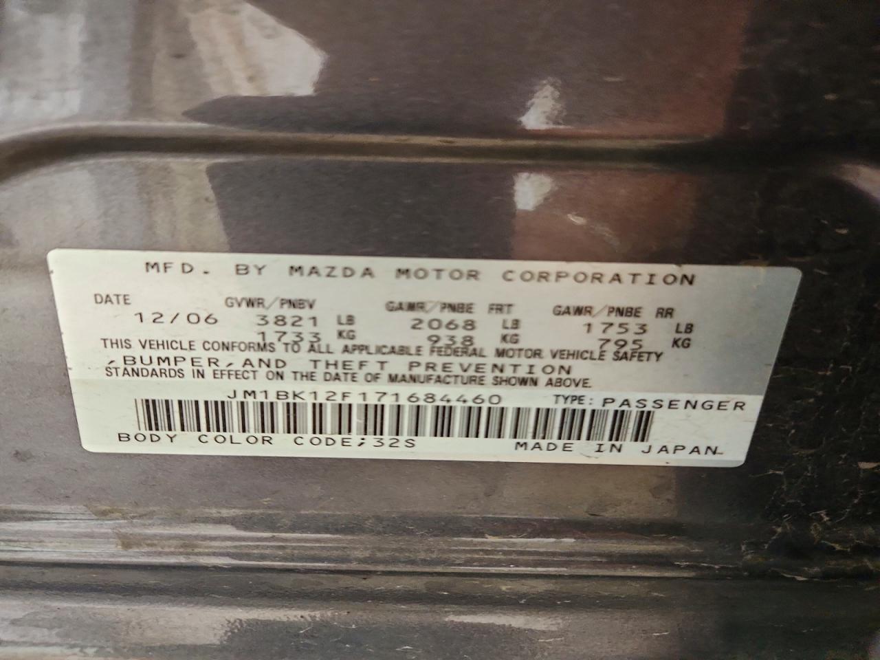2007 Mazda 3 I Gray vin: JM1BK12F171684460