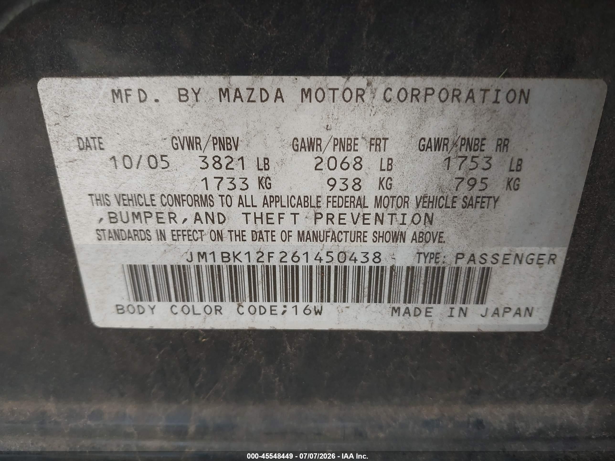 2006 Mazda Mazda3 I Touring Black vin: JM1BK12F261450438