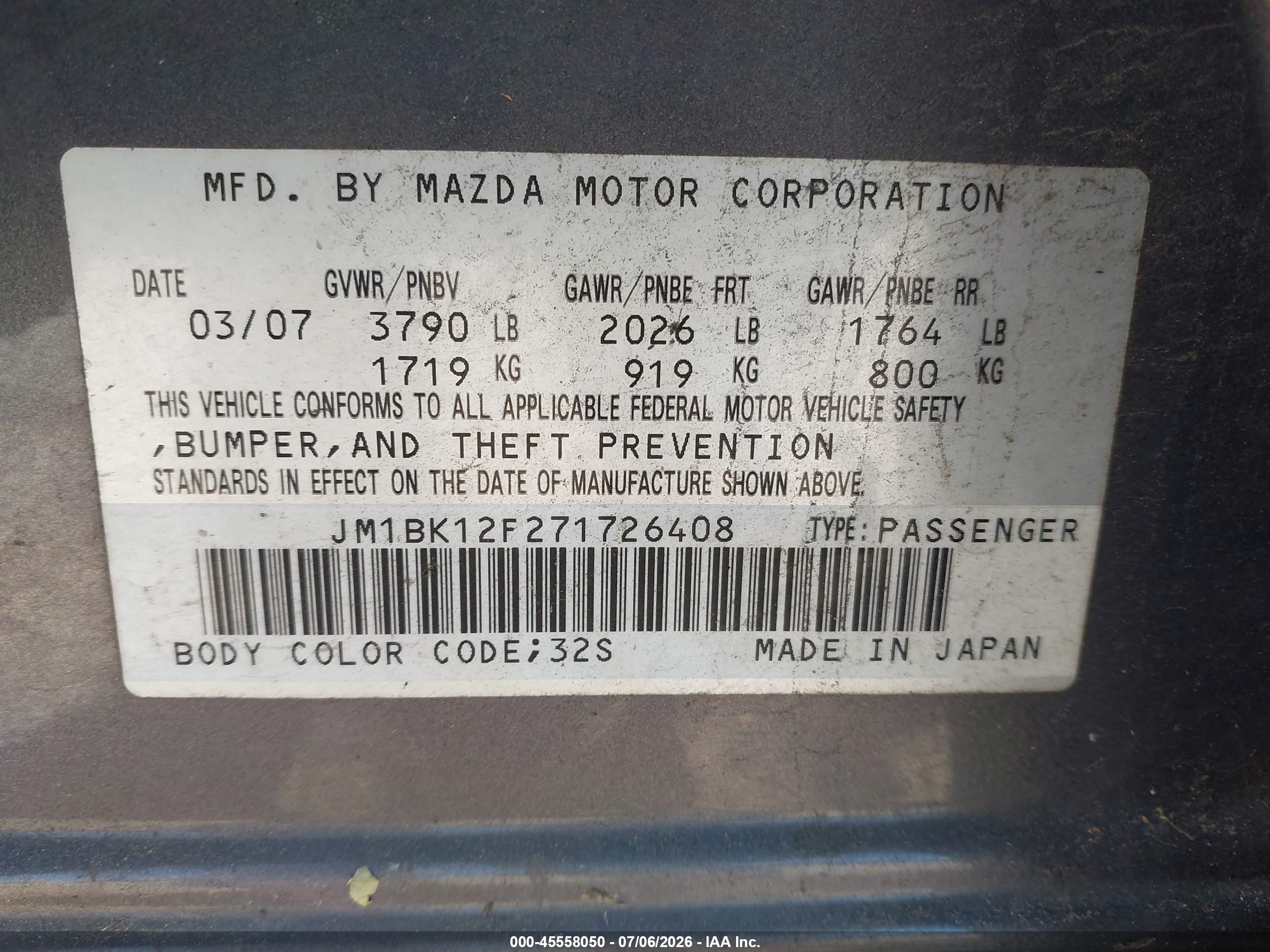 2007 Mazda Mazda3   Silver vin: JM1BK12F271726408