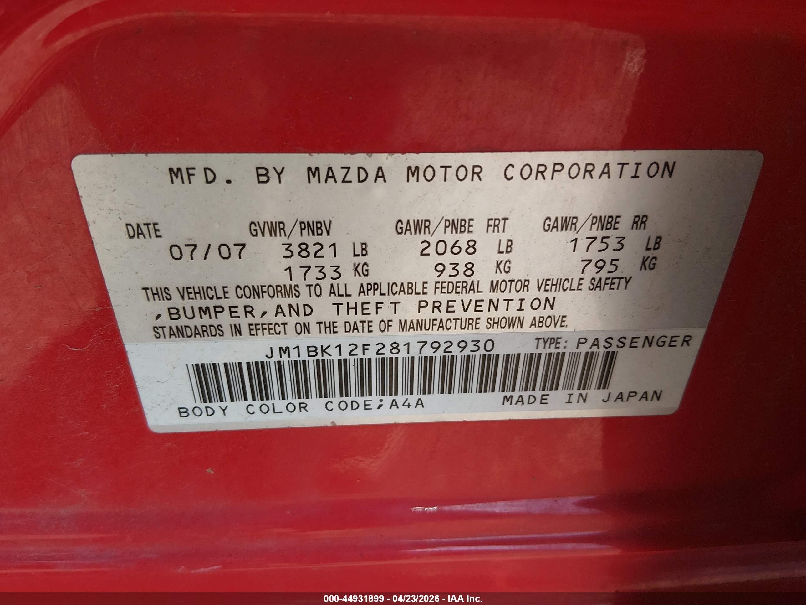 2008 Mazda Mazda3 I Sport Red vin: JM1BK12F281792930