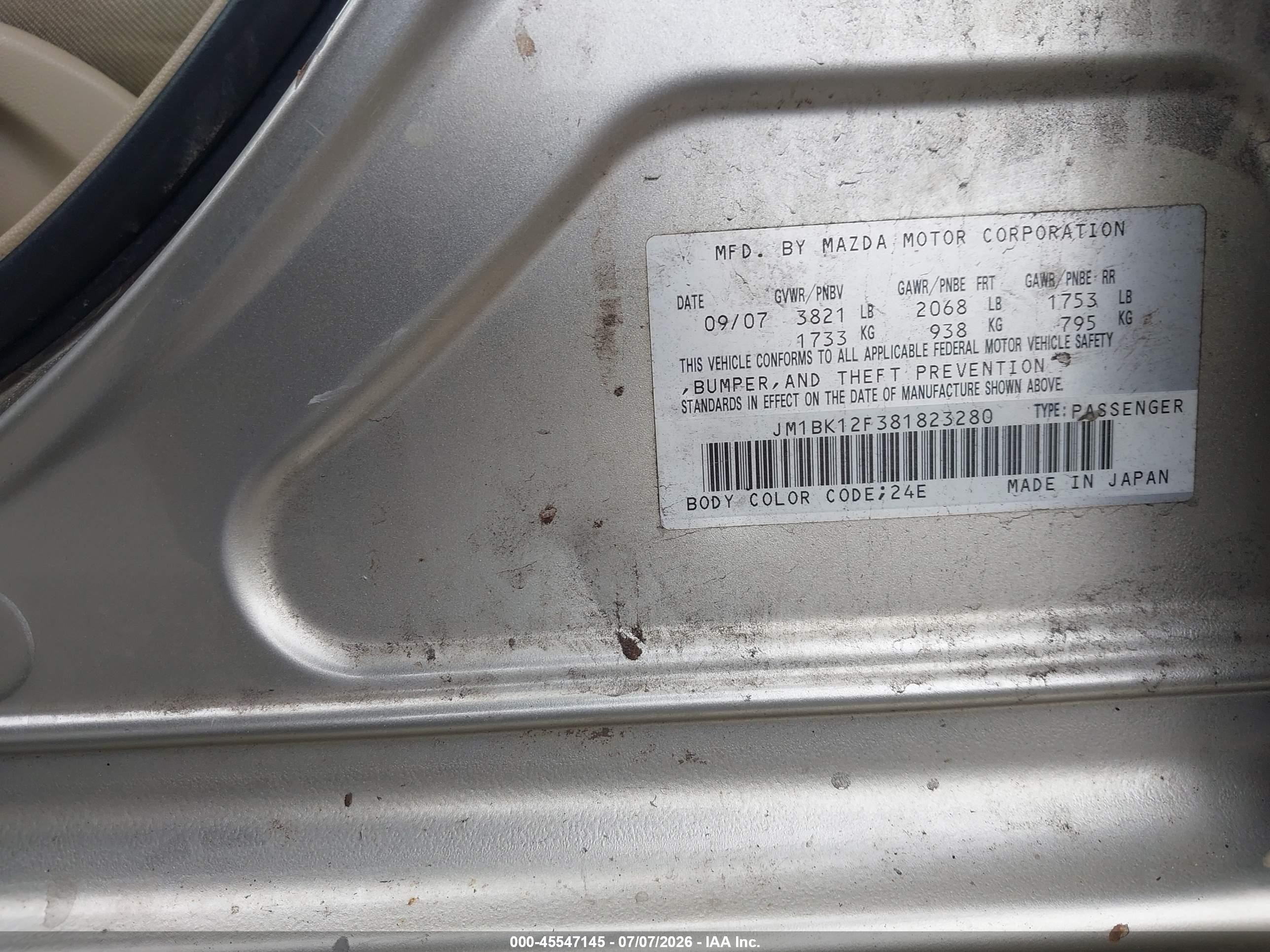 2008 Mazda Mazda3 I Золотой vin: JM1BK12F381823280