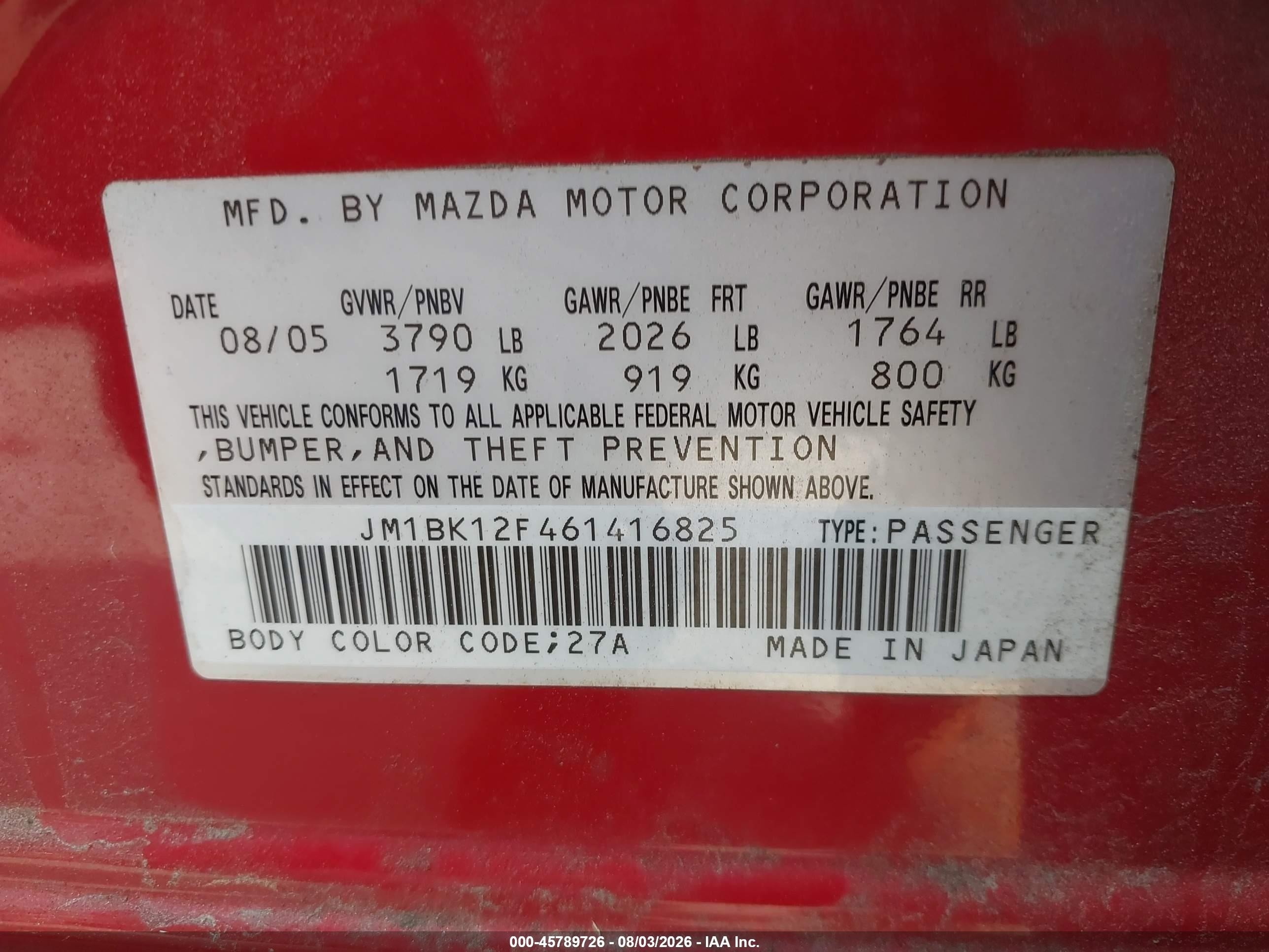 2006 Mazda Mazda3 I Maroon vin: JM1BK12F461416825
