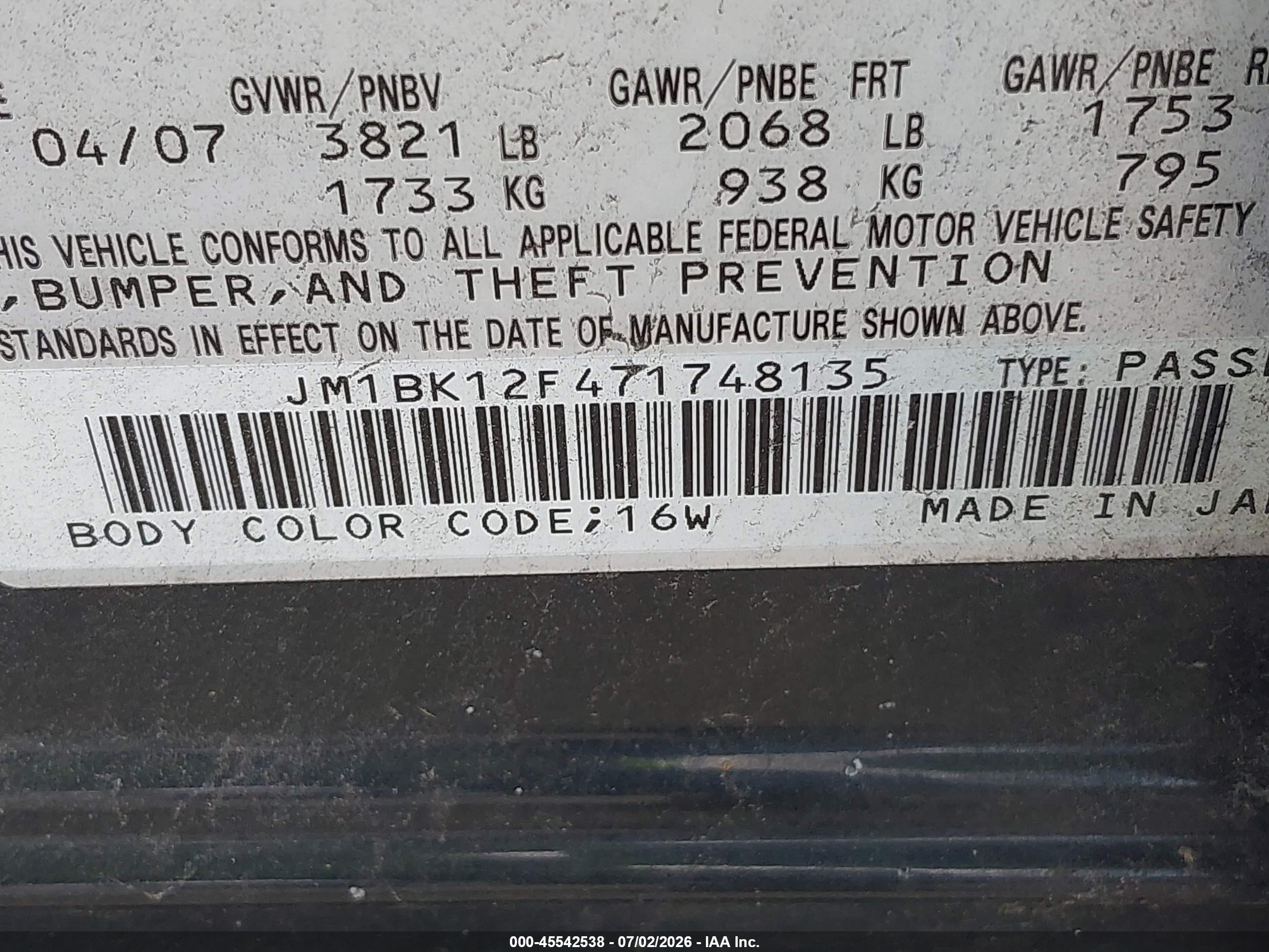 2007 Mazda Mazda3 I Black vin: JM1BK12F471748135