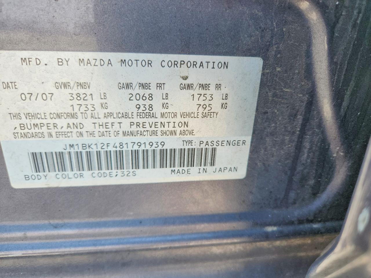 2008 Mazda 3 I Gray vin: JM1BK12F481791939