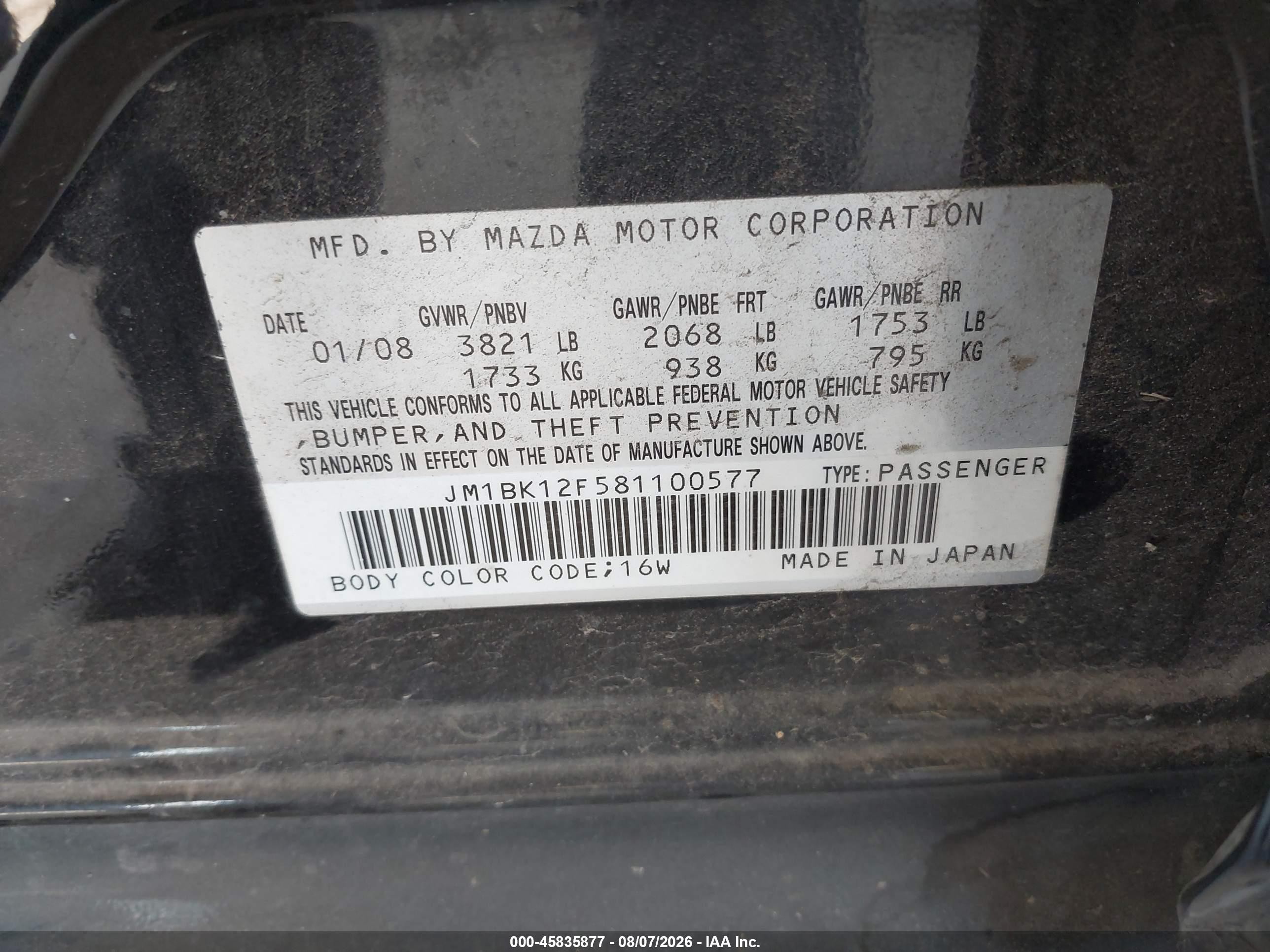 2008 Mazda Mazda3 I Sport Black vin: JM1BK12F581100577