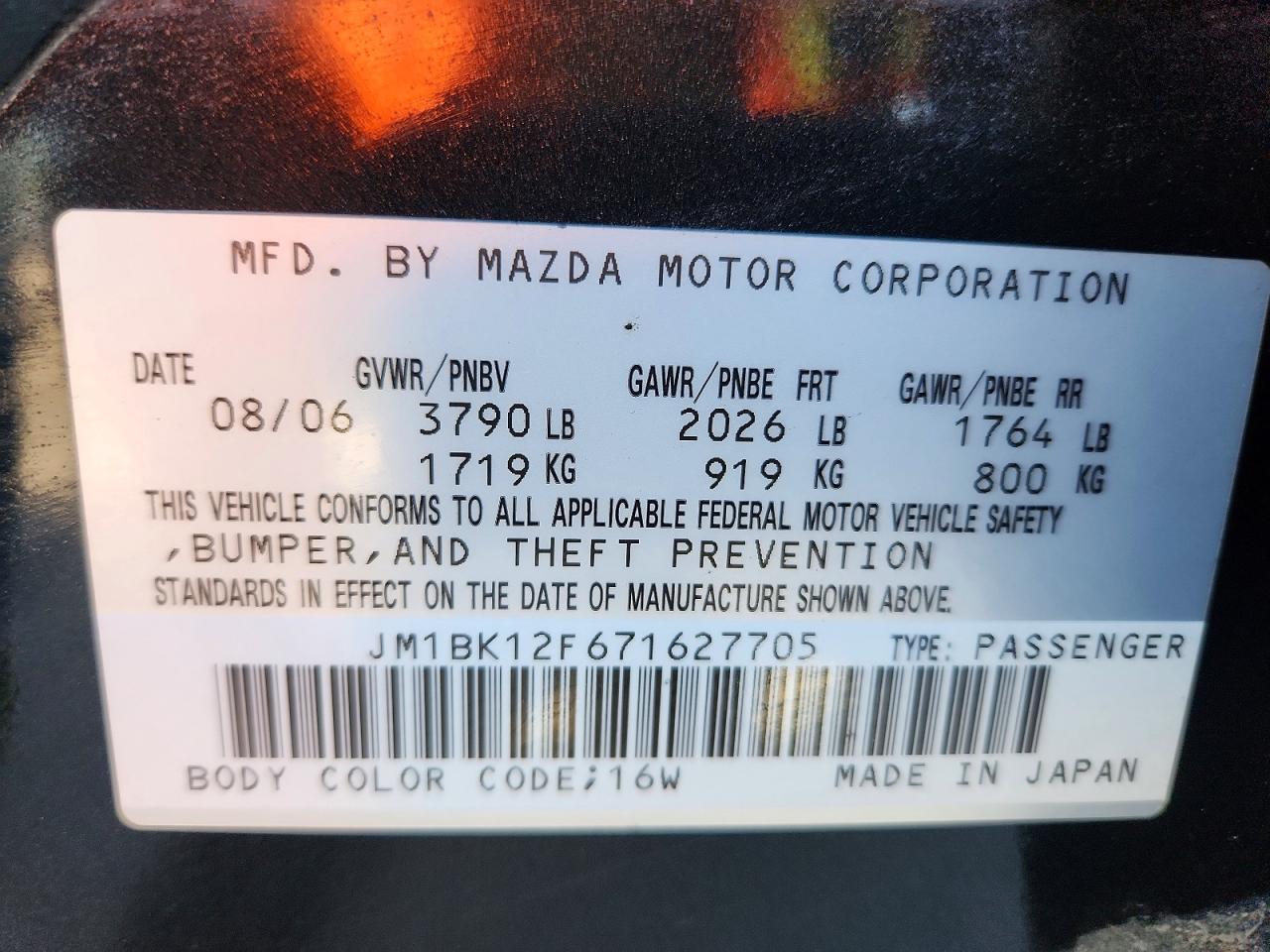 2007 Mazda 3 I Black vin: JM1BK12F671627705
