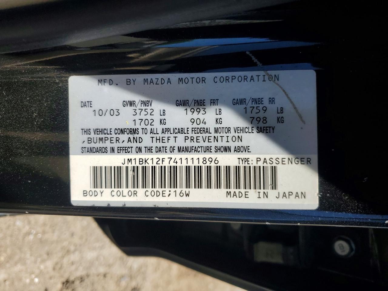2004 Mazda 3 I Black vin: JM1BK12F741111896
