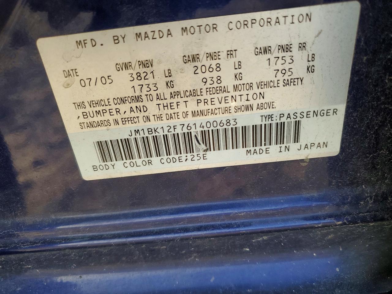 2006 Mazda 3 I Blue vin: JM1BK12F761400683