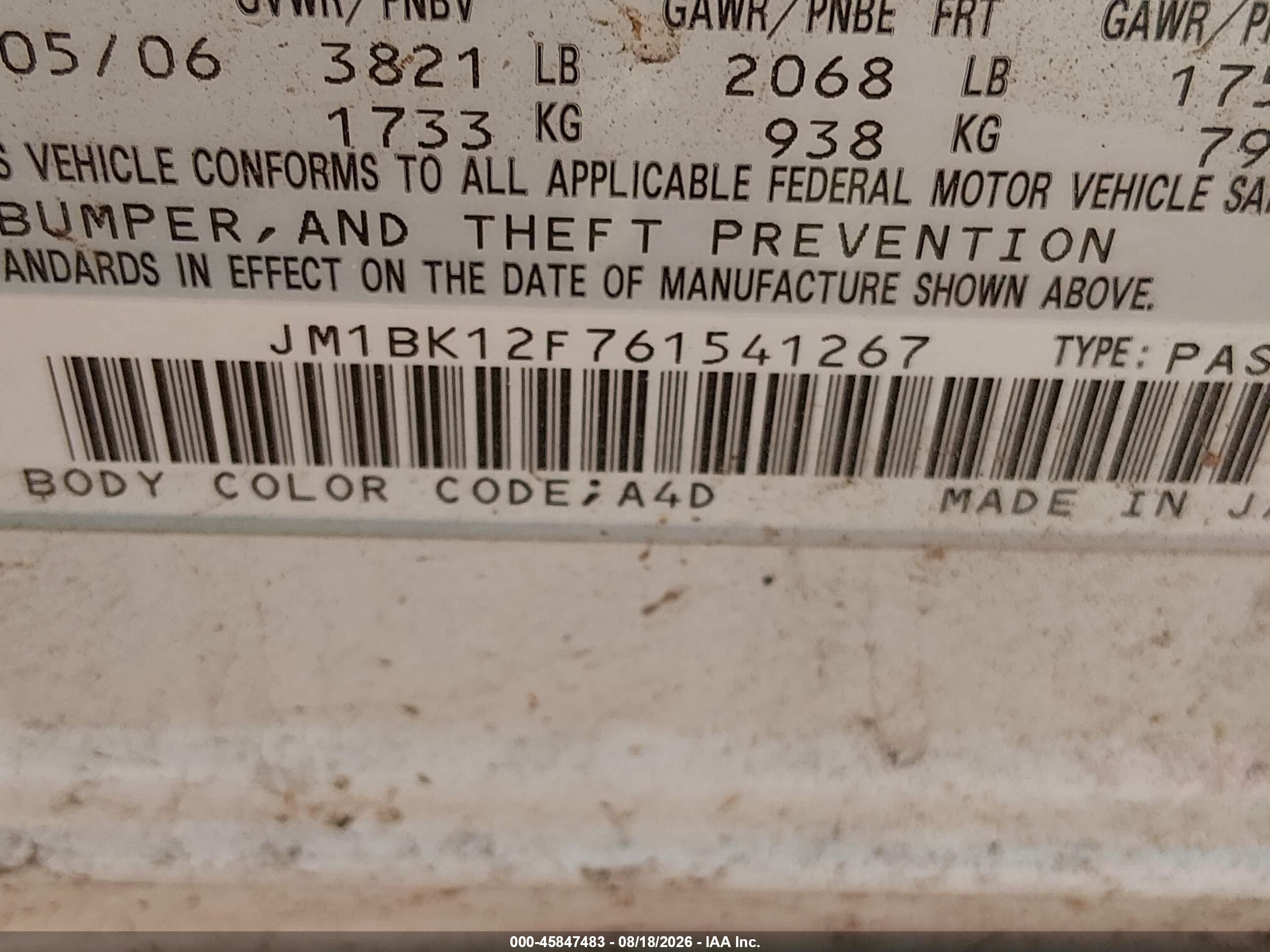 2006 Mazda Mazda3 I White vin: JM1BK12F761541267