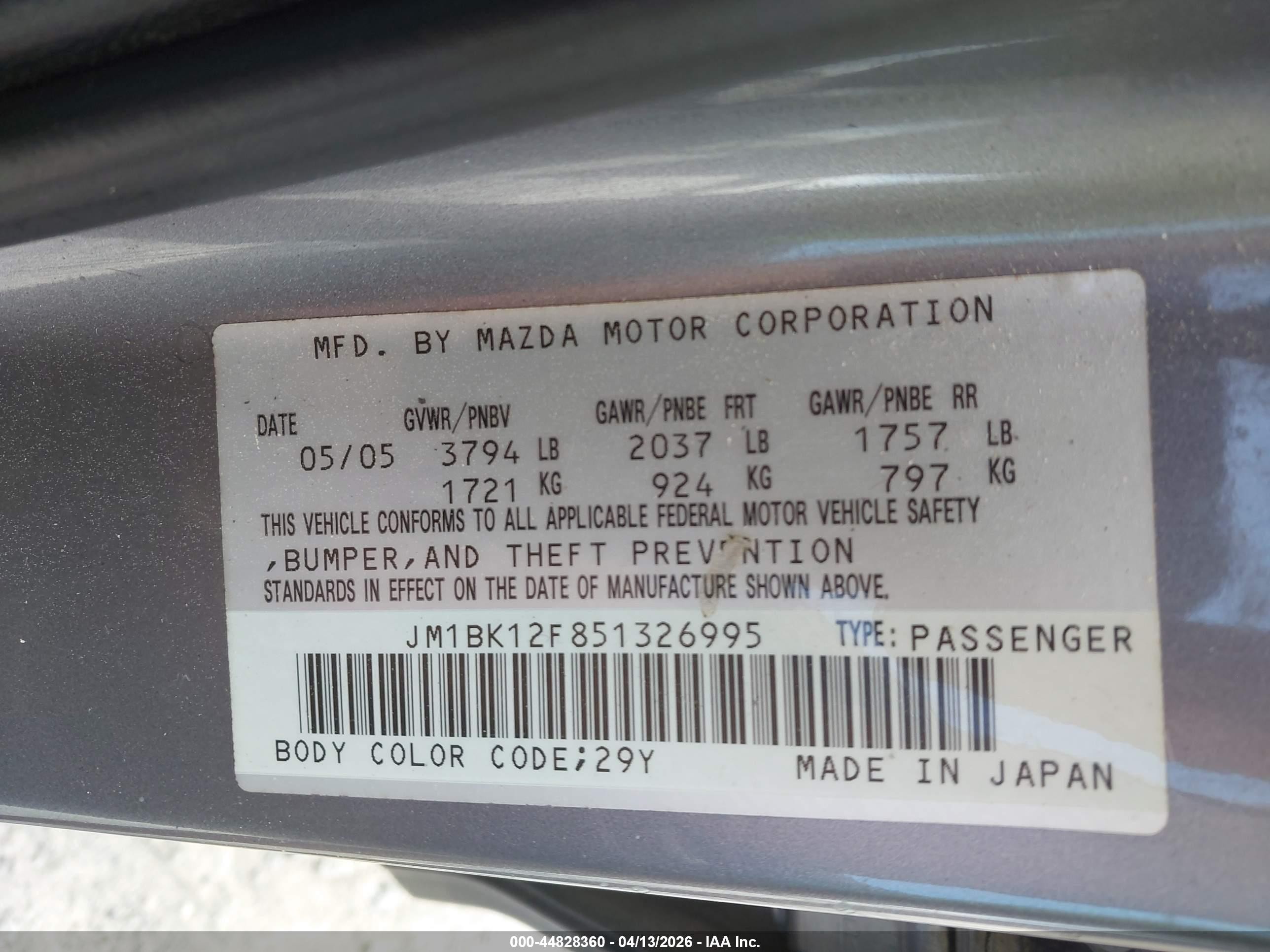 2005 Mazda Mazda3 I Gray vin: JM1BK12F851326995