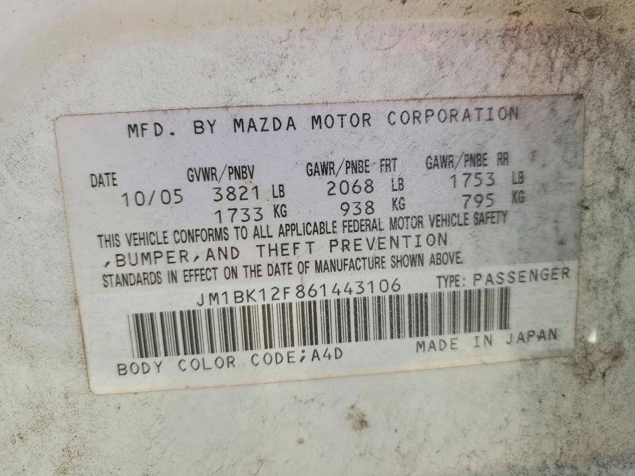 2006 Mazda 3 I White vin: JM1BK12F861443106