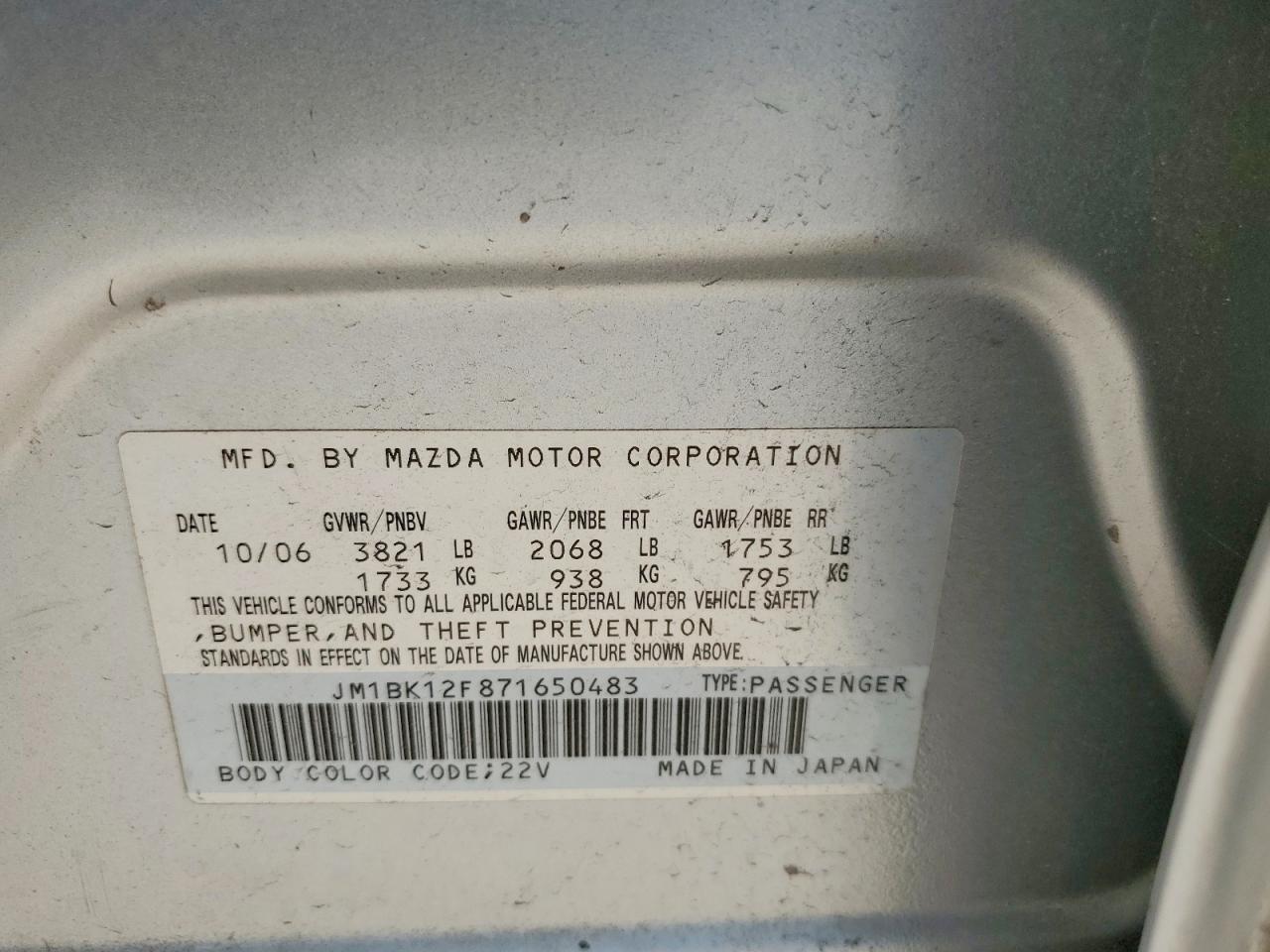 2007 Mazda 3 I Silver vin: JM1BK12F871650483