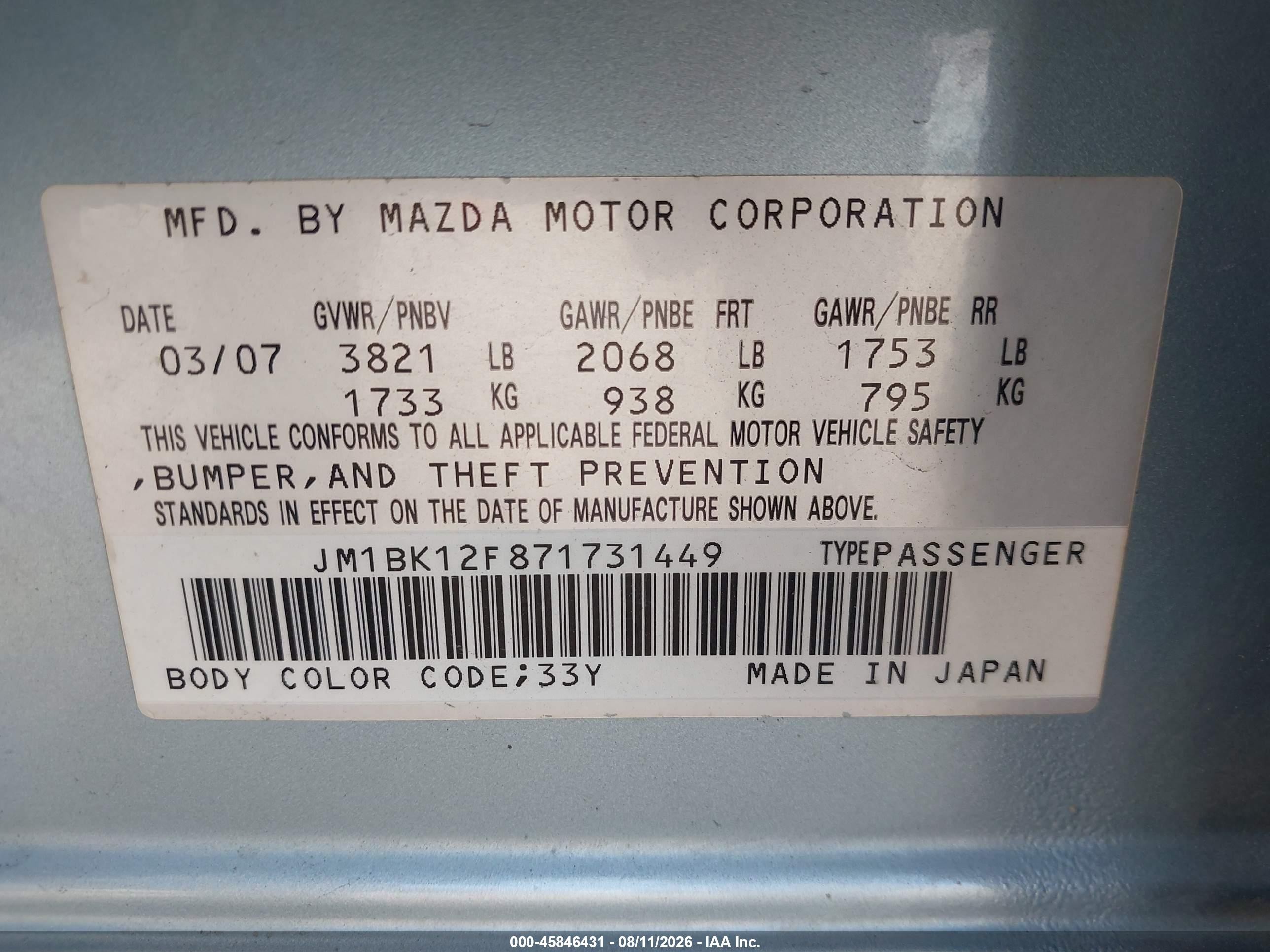 2007 Mazda Mazda3 I Silver vin: JM1BK12F871731449