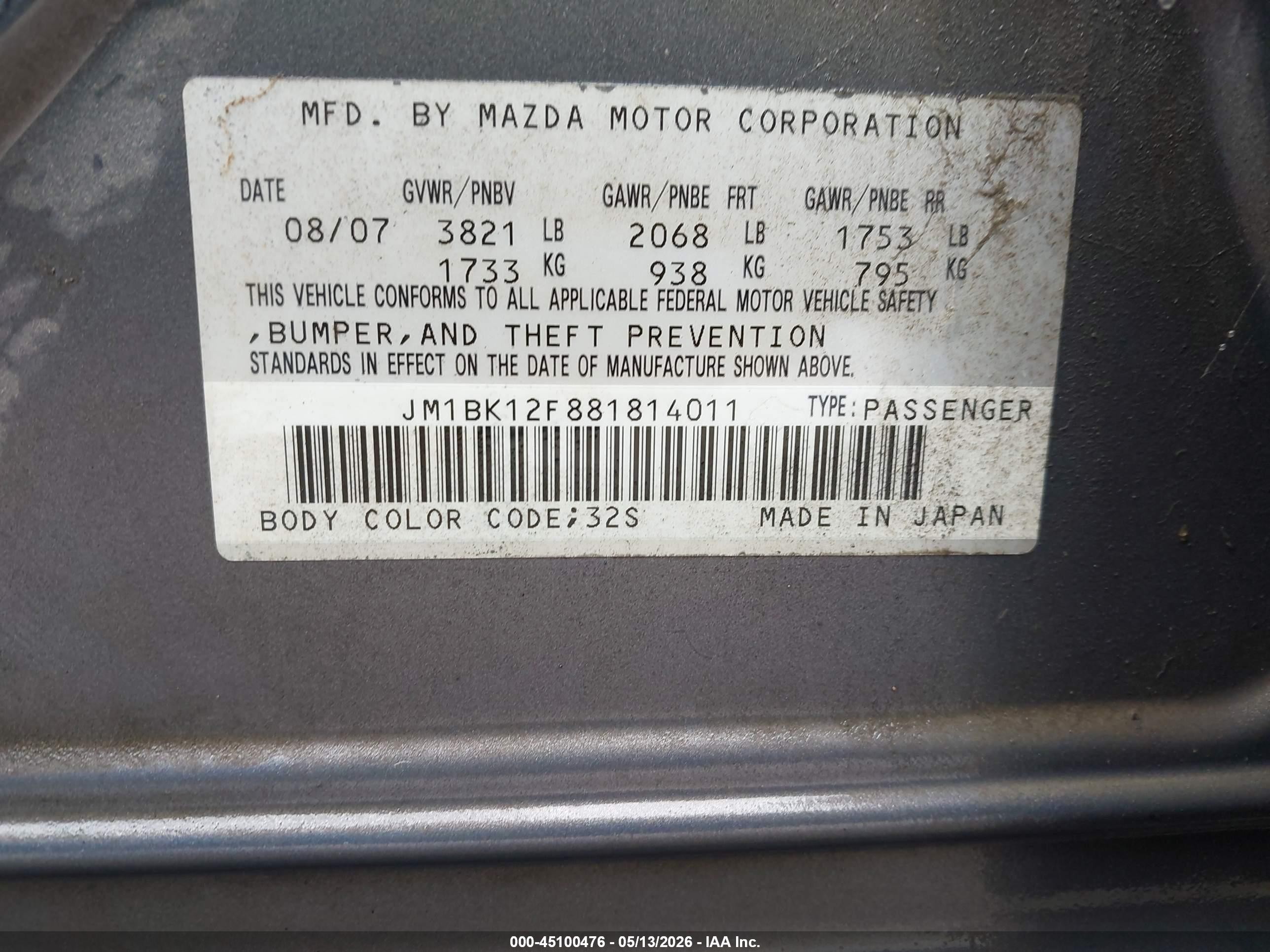 2008 Mazda Mazda3 I Gray vin: JM1BK12F881814011
