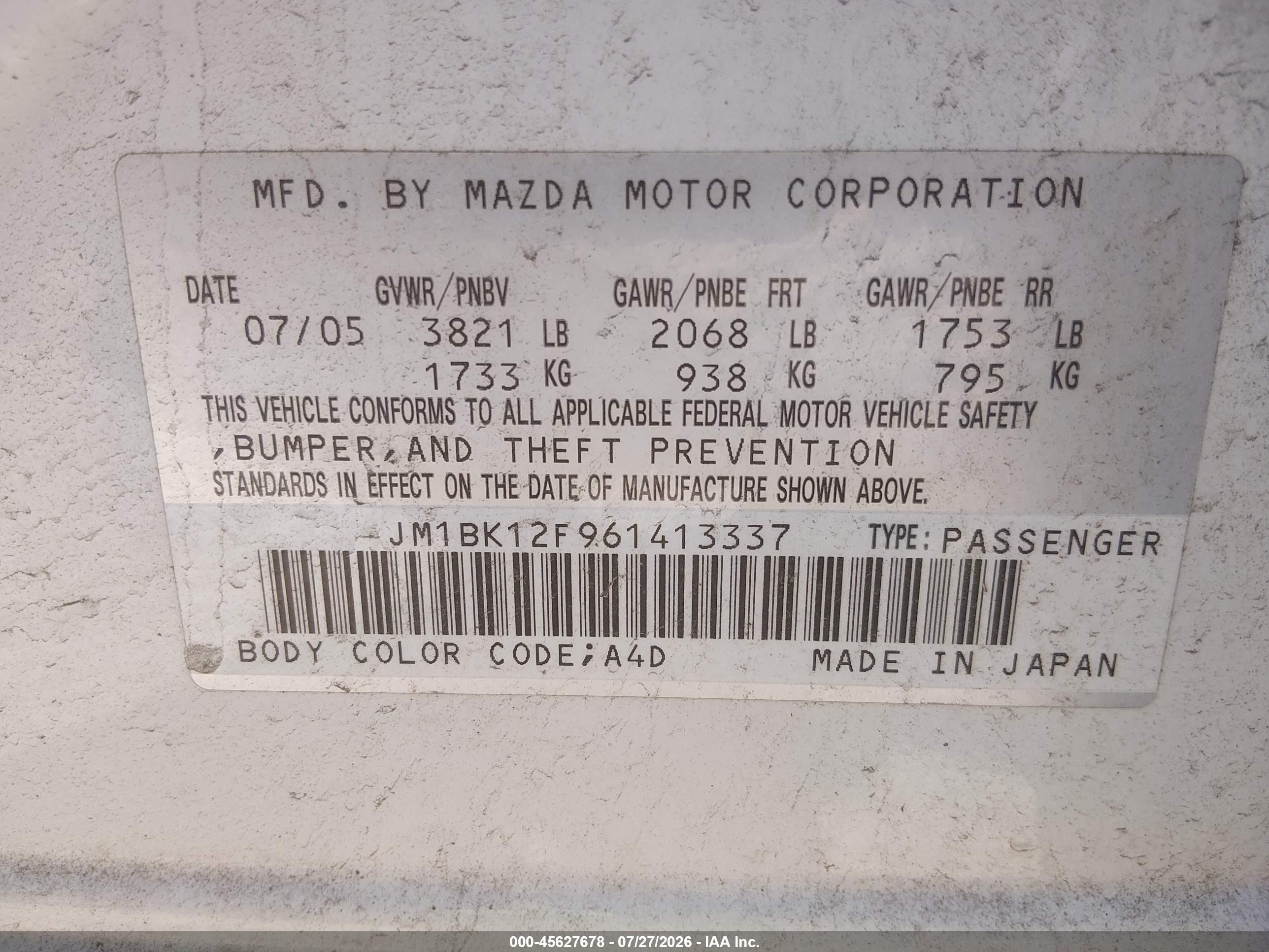 2006 Mazda Mazda3 I Touring White vin: JM1BK12F961413337