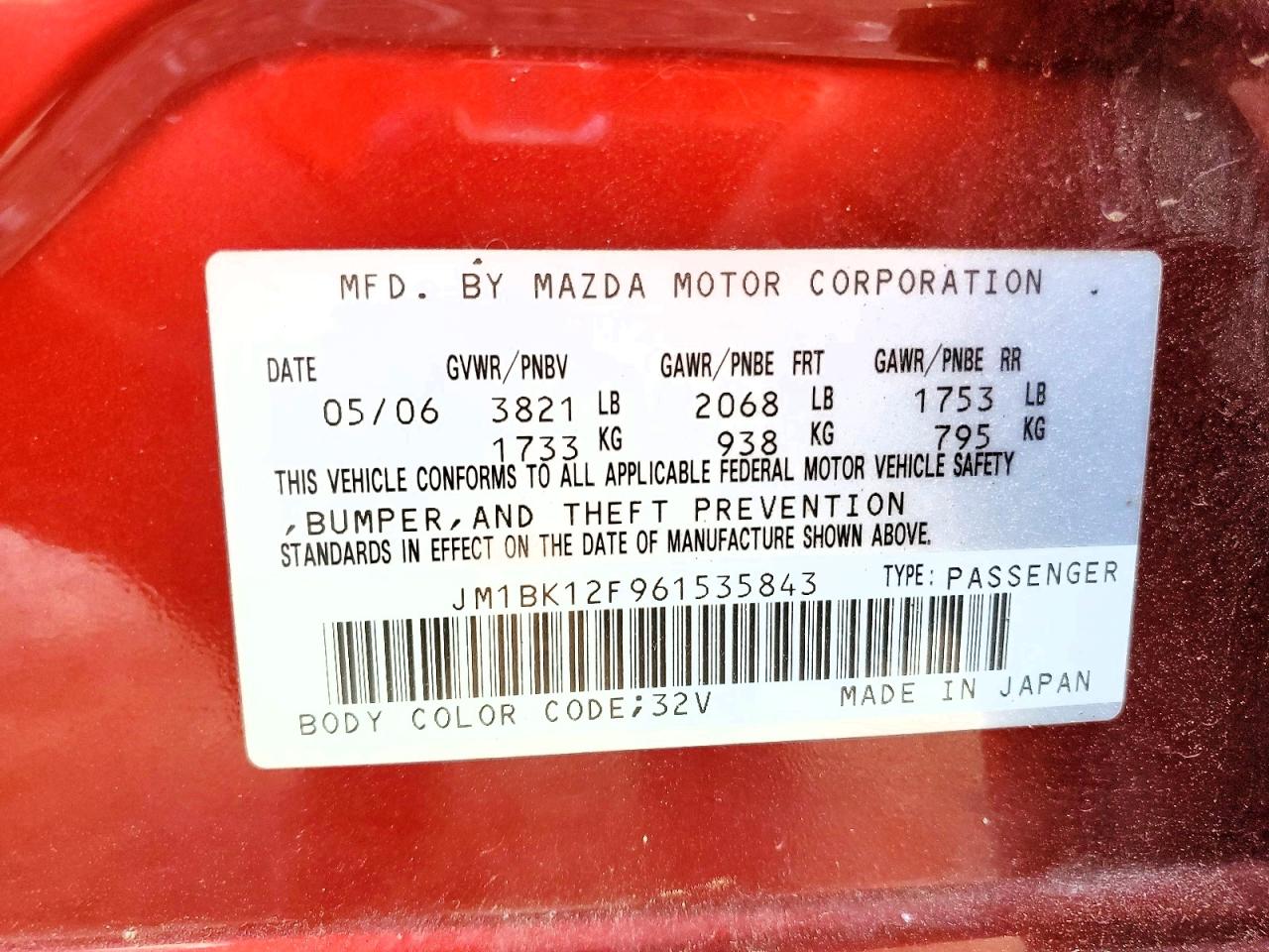 2006 Mazda 3 I Orange vin: JM1BK12F961535843