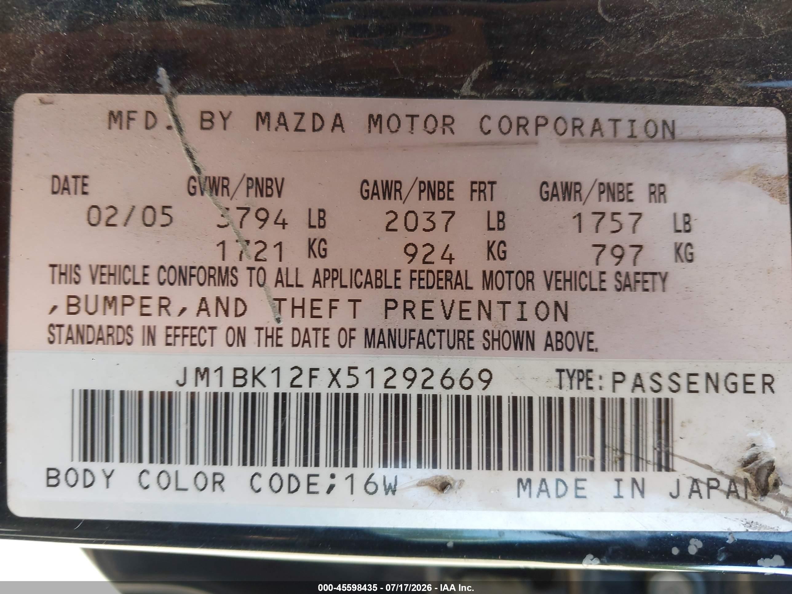 2005 Mazda Mazda3 I Black vin: JM1BK12FX51292669