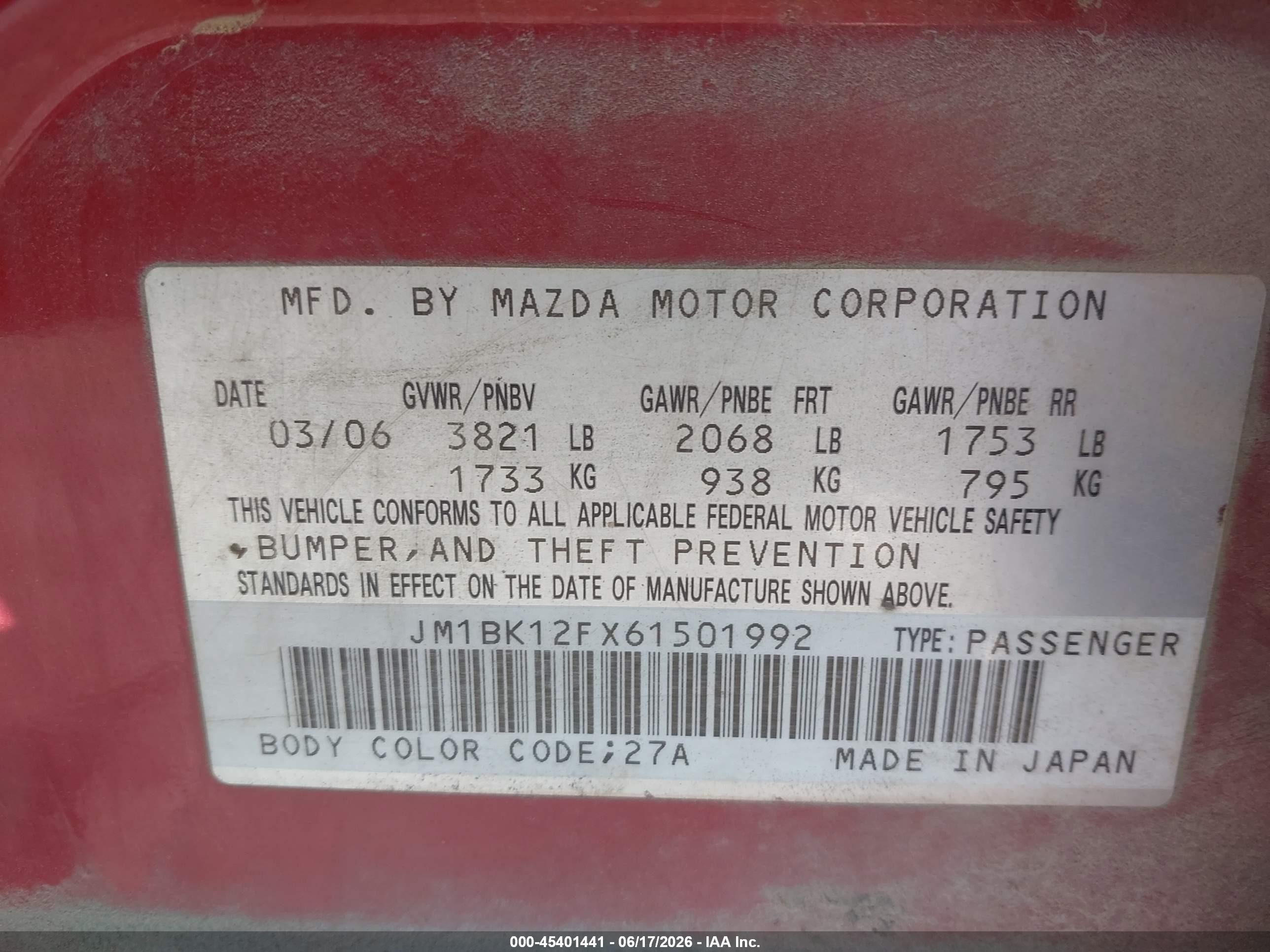 2006 Mazda Mazda3 I Touring Red vin: JM1BK12FX61501992