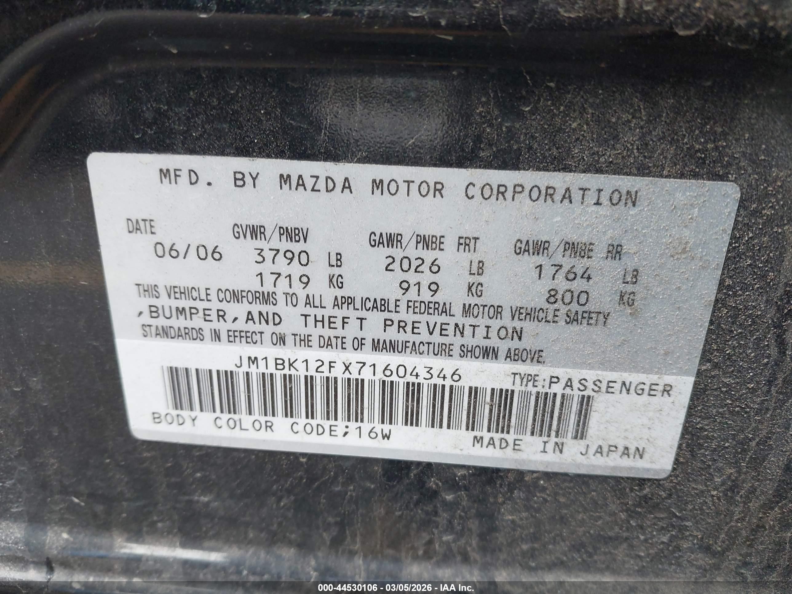 2007 Mazda Mazda3 I Черный vin: JM1BK12FX71604346