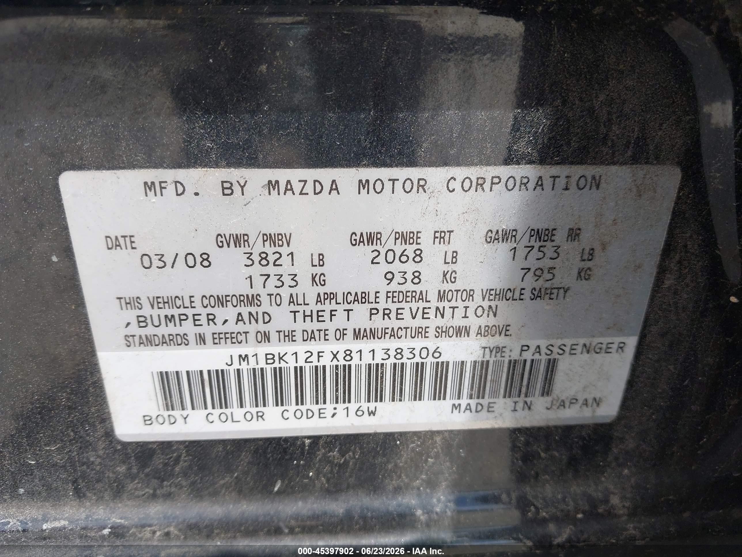 2008 Mazda Mazda3 I Sport Black vin: JM1BK12FX81138306