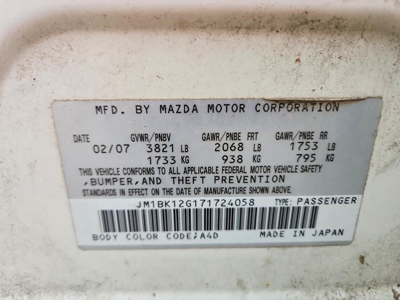 2007 Mazda 3 I White vin: JM1BK12G171724058
