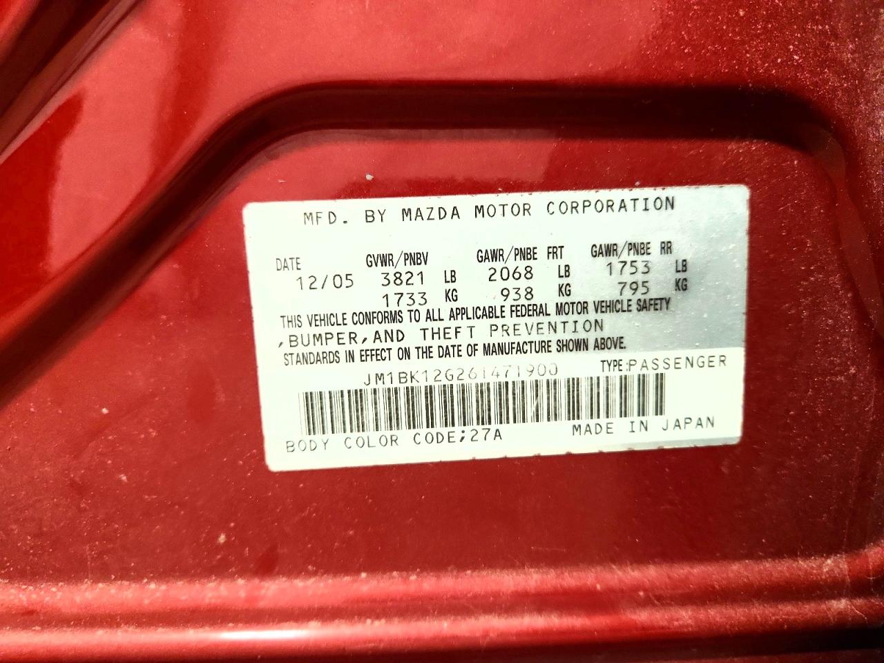 2006 Mazda 3 I Red vin: JM1BK12G261471900
