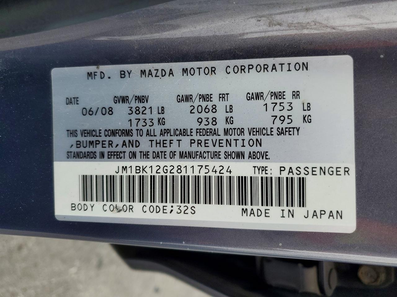 2008 Mazda 3 I Gray vin: JM1BK12G281175424