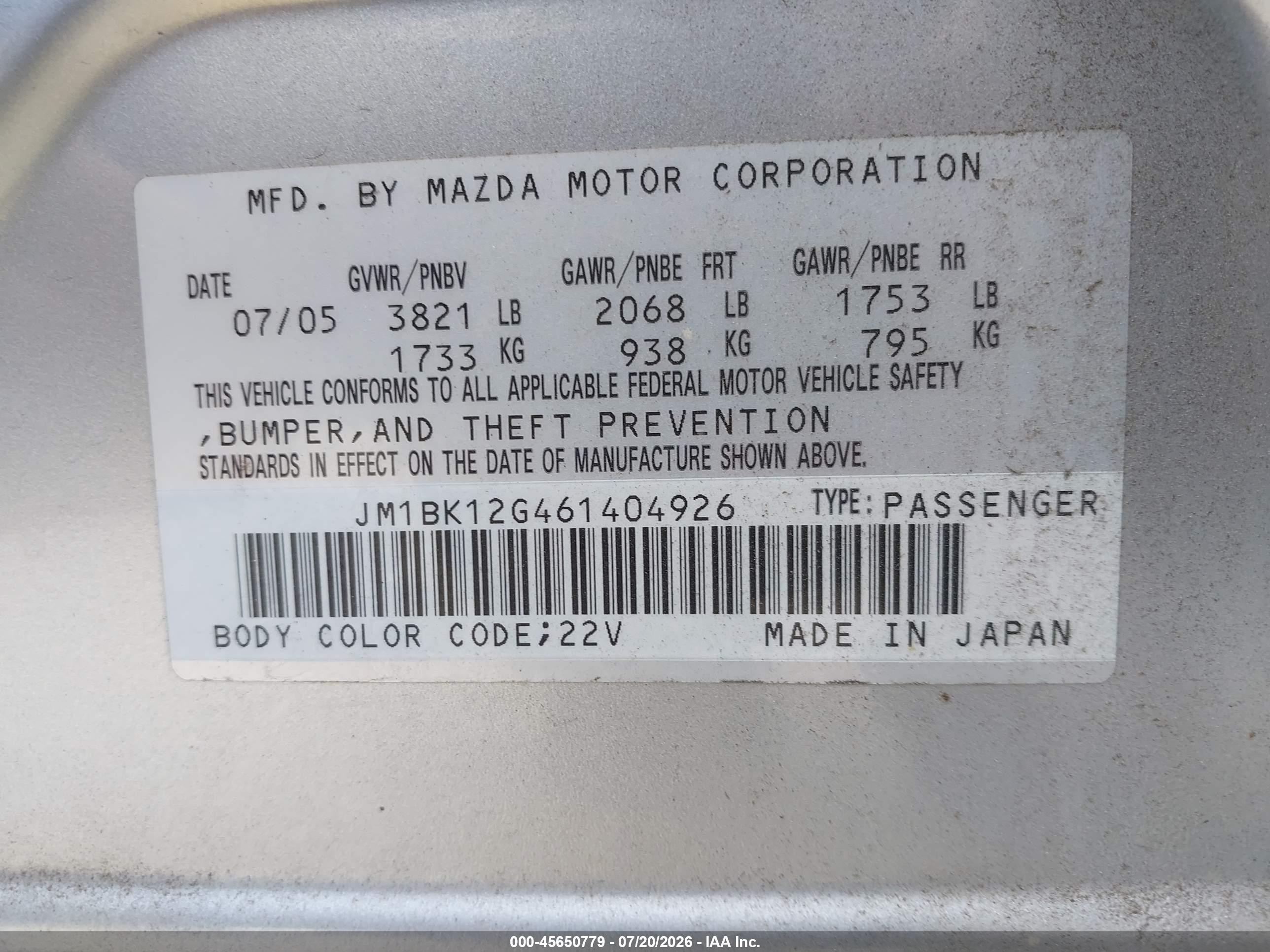 2006 Mazda Mazda3 I Silver vin: JM1BK12G461404926