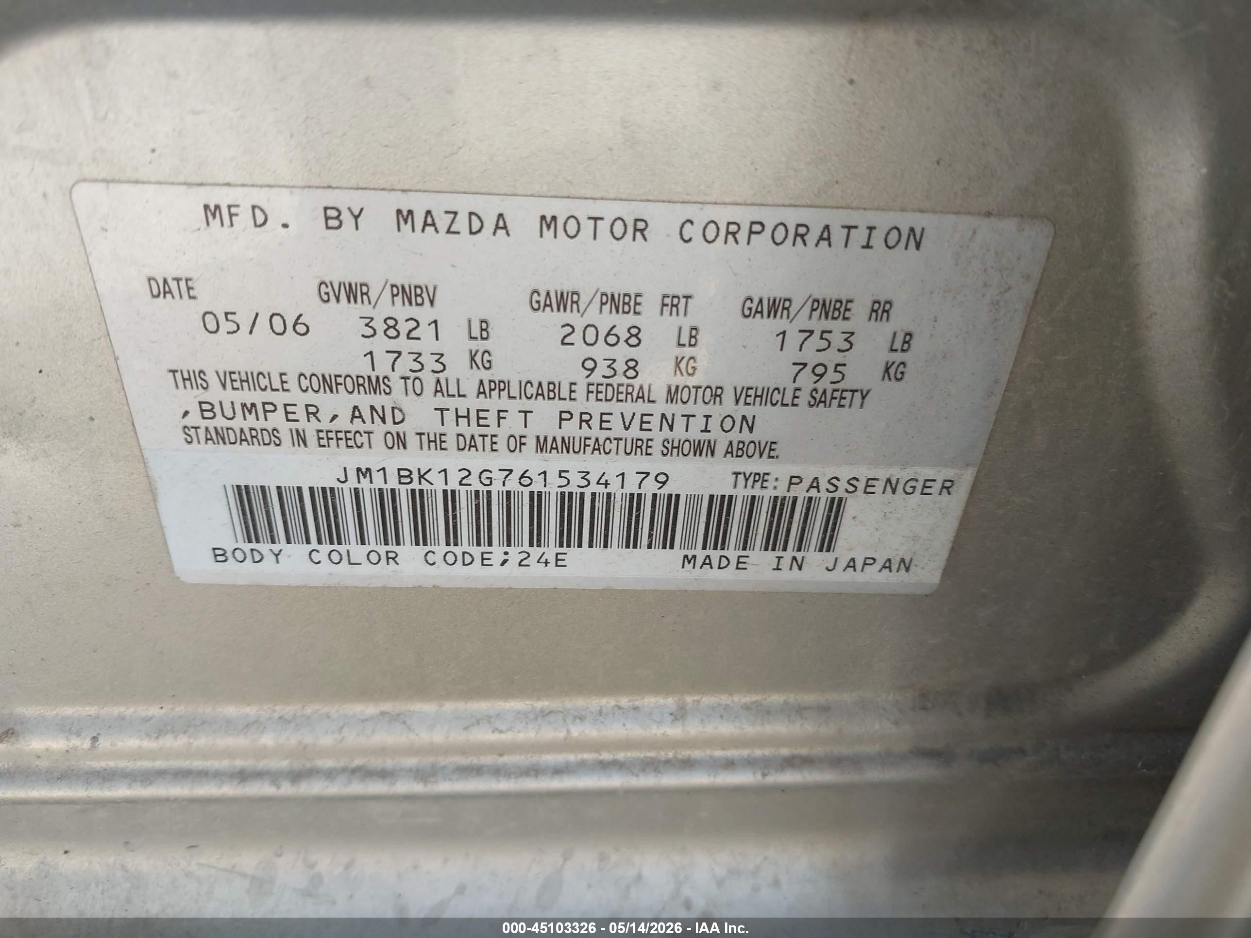 2006 Mazda Mazda3 I Gold vin: JM1BK12G761534179