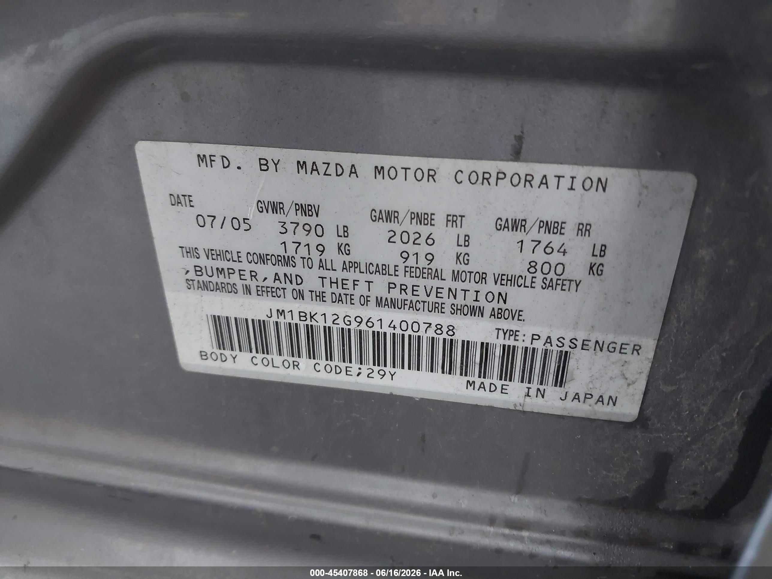 2006 Mazda Mazda3 I Gray vin: JM1BK12G961400788