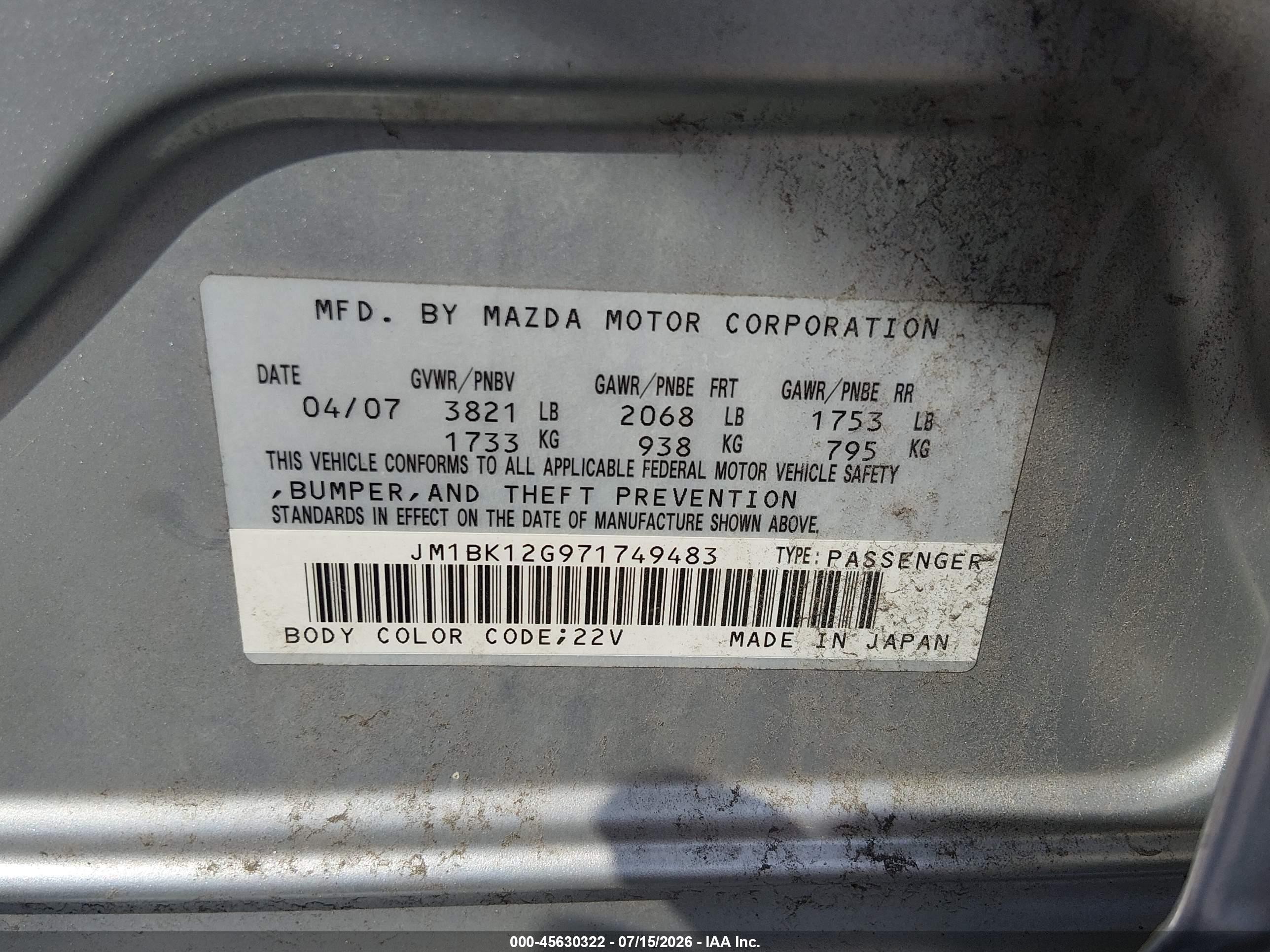 2007 Mazda Mazda3 I Silver vin: JM1BK12G971749483