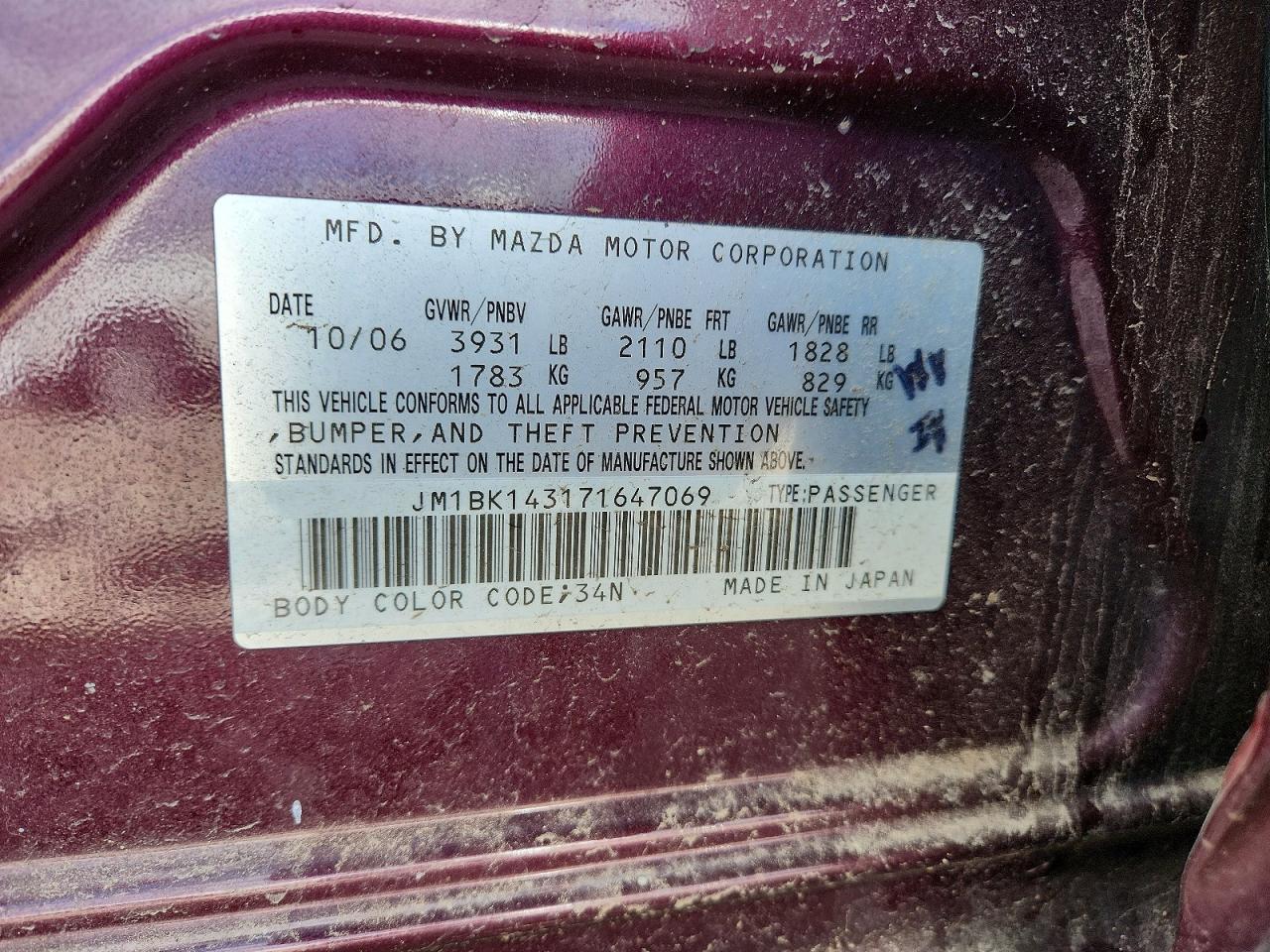 2007 Mazda Mazda3 Purple vin: JM1BK143171647069