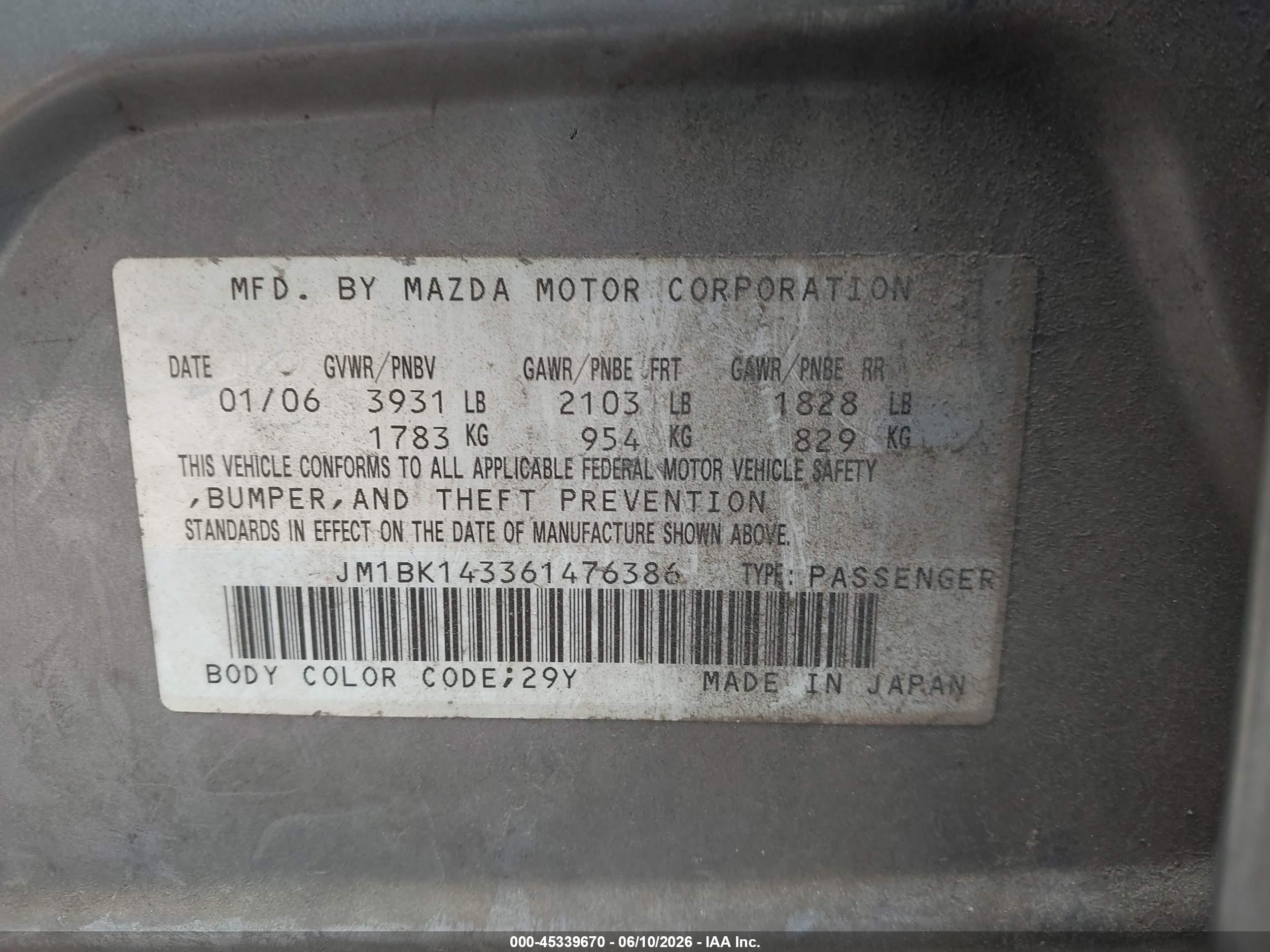 2006 Mazda Mazda3 S Gray vin: JM1BK143361476386