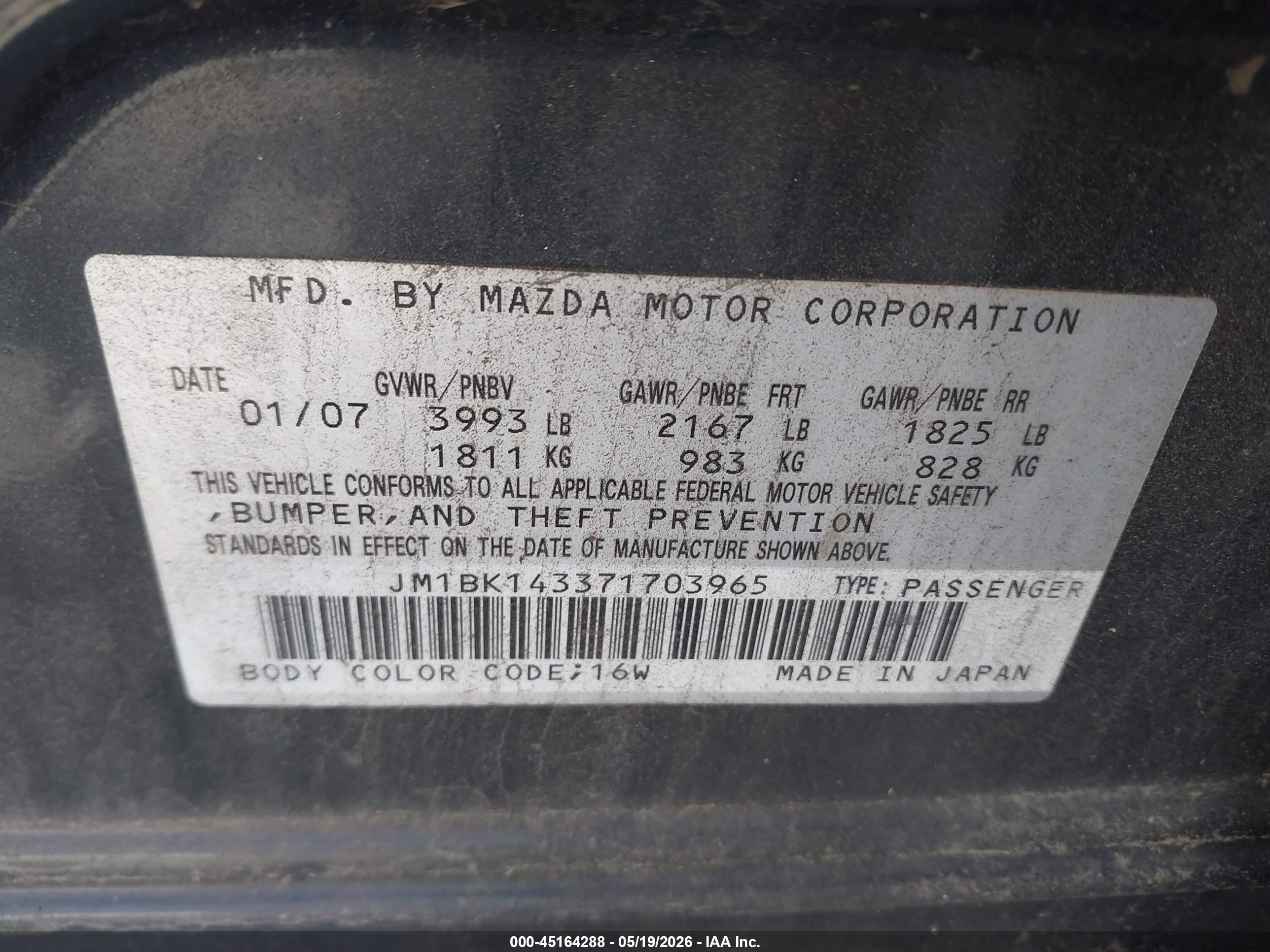 2007 Mazda Mazda3 S Sport Black vin: JM1BK143371703965