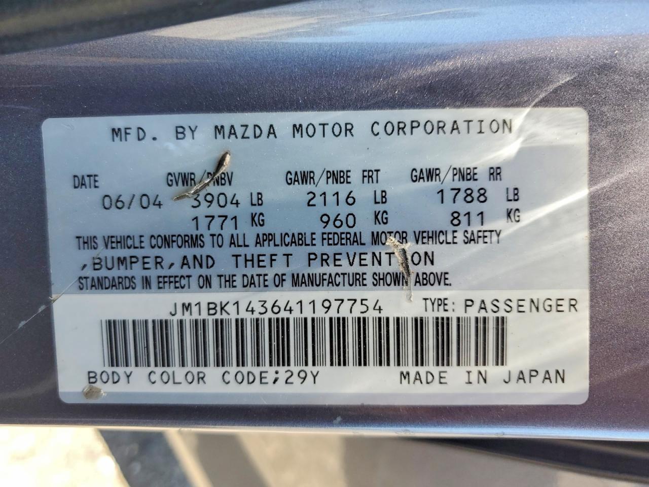 2004 Mazda 3 Hatchback Gray vin: JM1BK143641197754