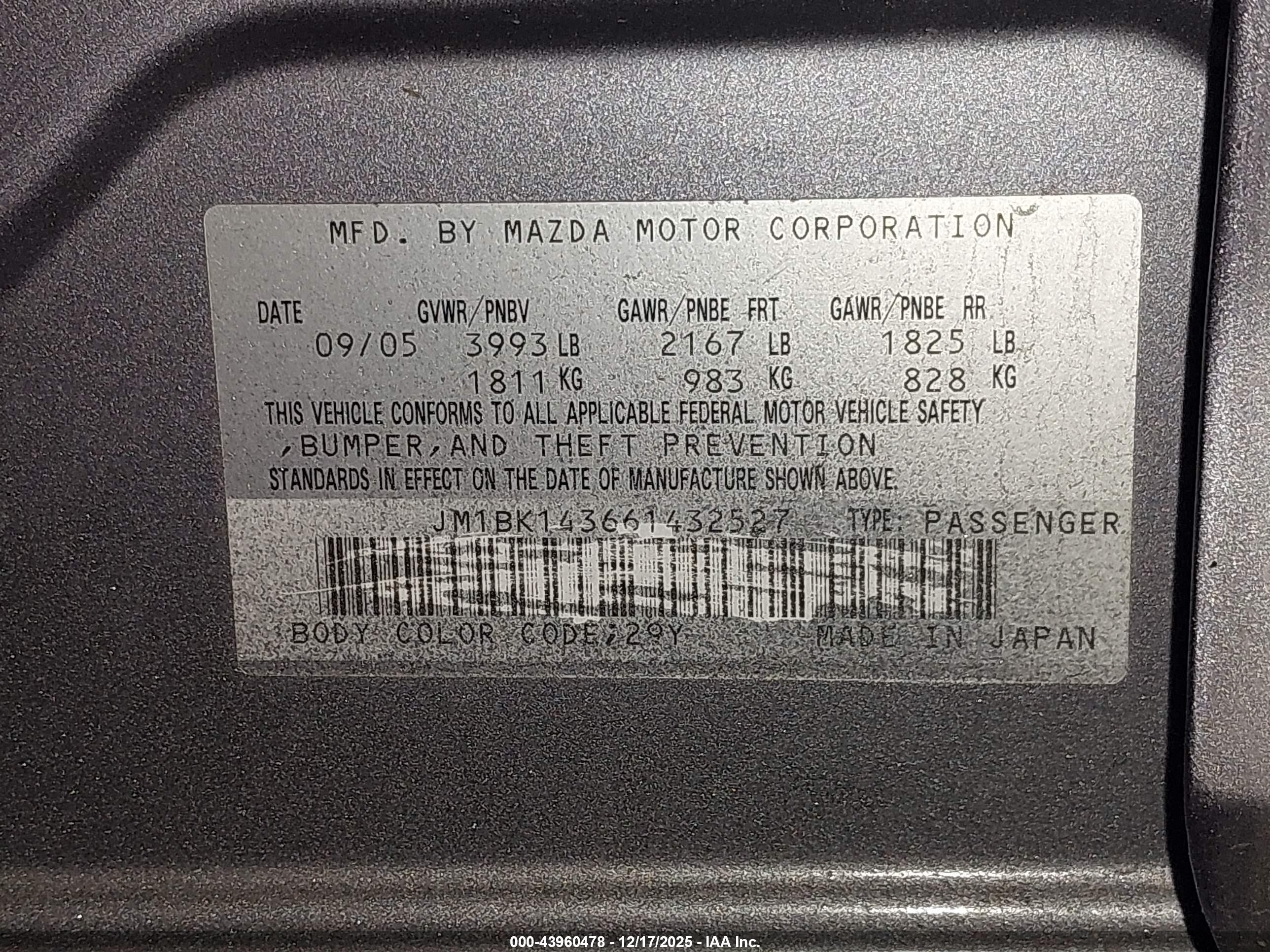 2006 Mazda Mazda3 S Gray vin: JM1BK143661432527